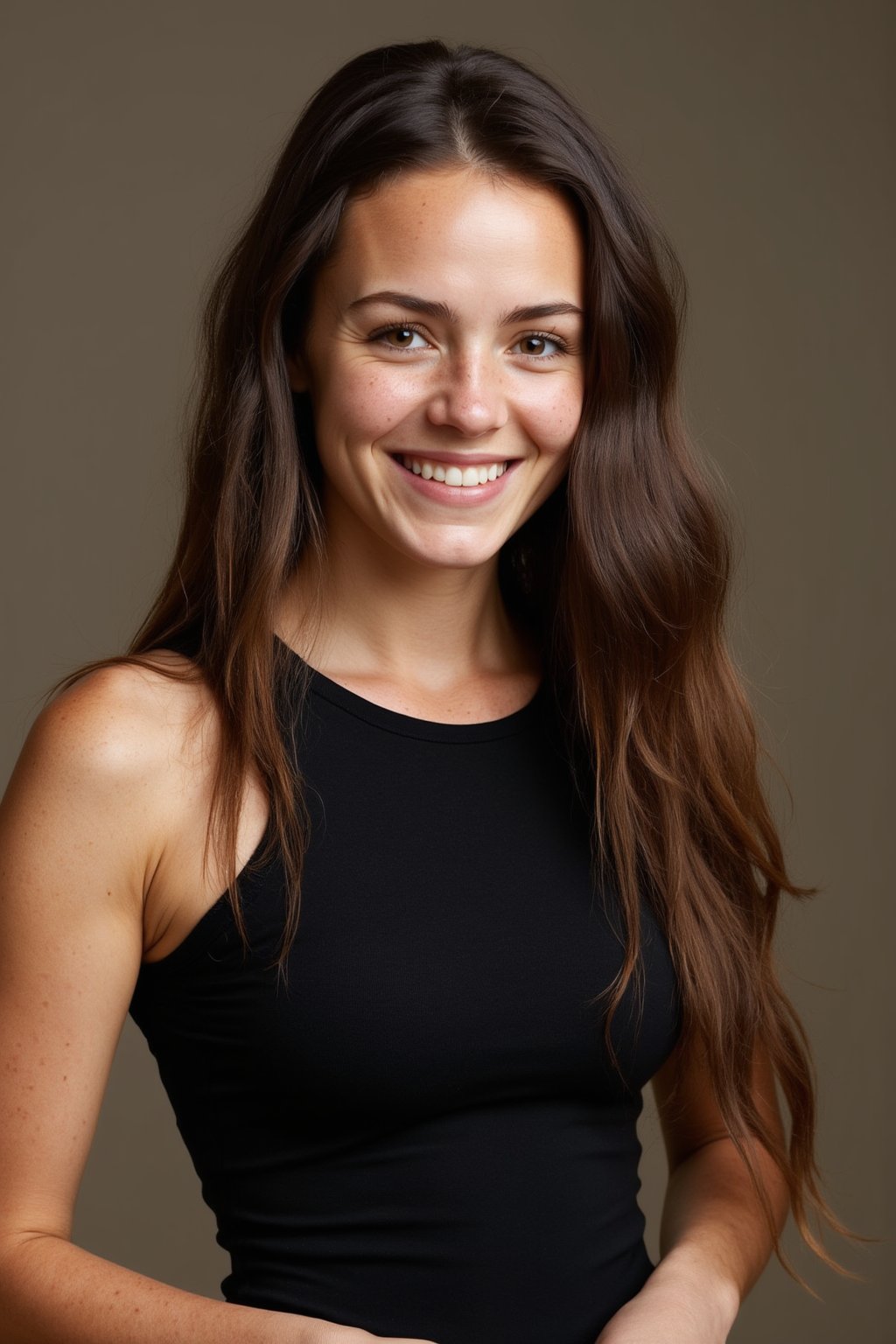 A 30yo woman with very long hair.
She has a cute round face with freckles and smiles.
She is wearing a tight fitting black sleeveless top made from smooth stretch fabric. 