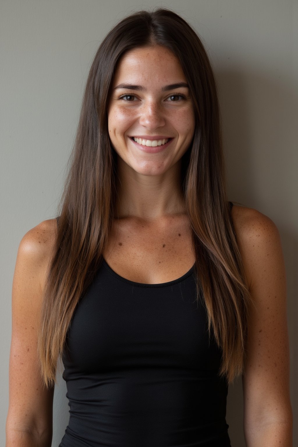 A 30yo woman with very long hair.
She has a cute round face with freckles and smiles.
She is wearing a tight fitting black sleeveless top made from smooth stretch fabric. 