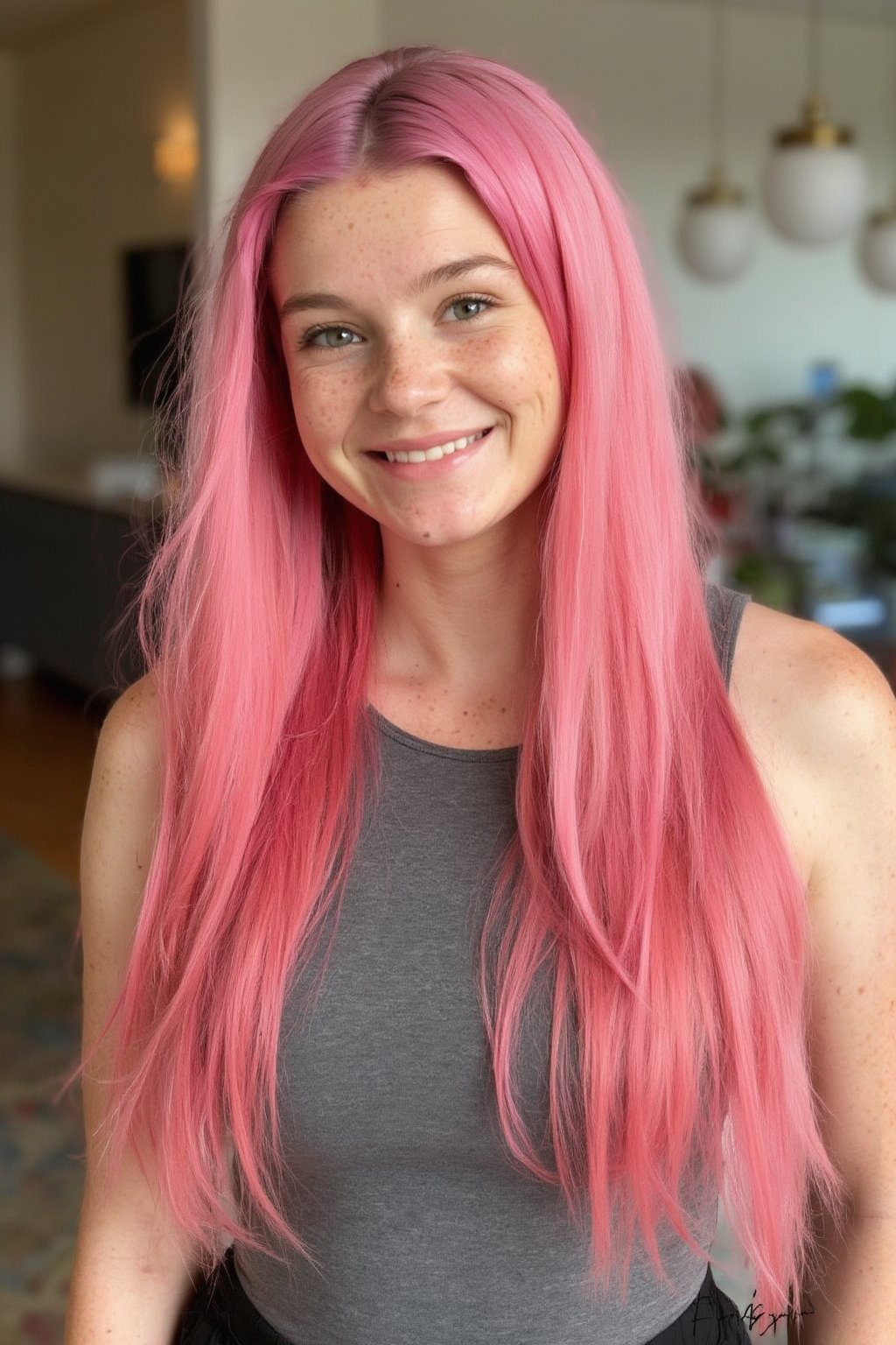 A 30yo woman with very long pink hair.
She has a cute round face with freckles and smiles.
She is wearing a tight fitting sleeveless top made from smooth stretch fabric. 