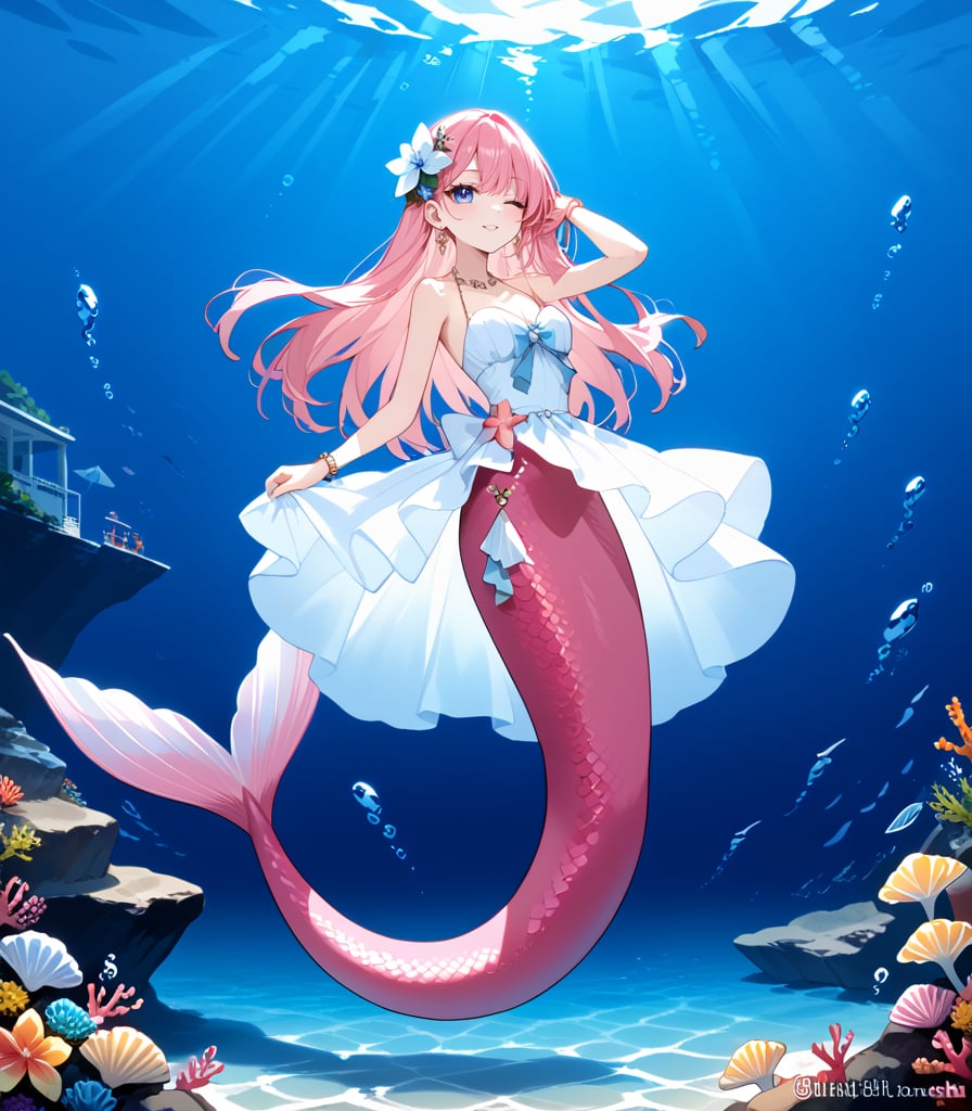 (mermaid|1girl:1.2), (full body:1.1),underwater, white dress, bracelet, sea, flower, hair flower, hair ornament, hand in own hair, jewelry, leaning back, long hair, looking at viewer, one eye closed, pink hair, standing, sea, :3, solo, string bikini, swimsuit, shells, waist, water, blue eyes, score_9_up, score_8_up, masterpiece, best quality