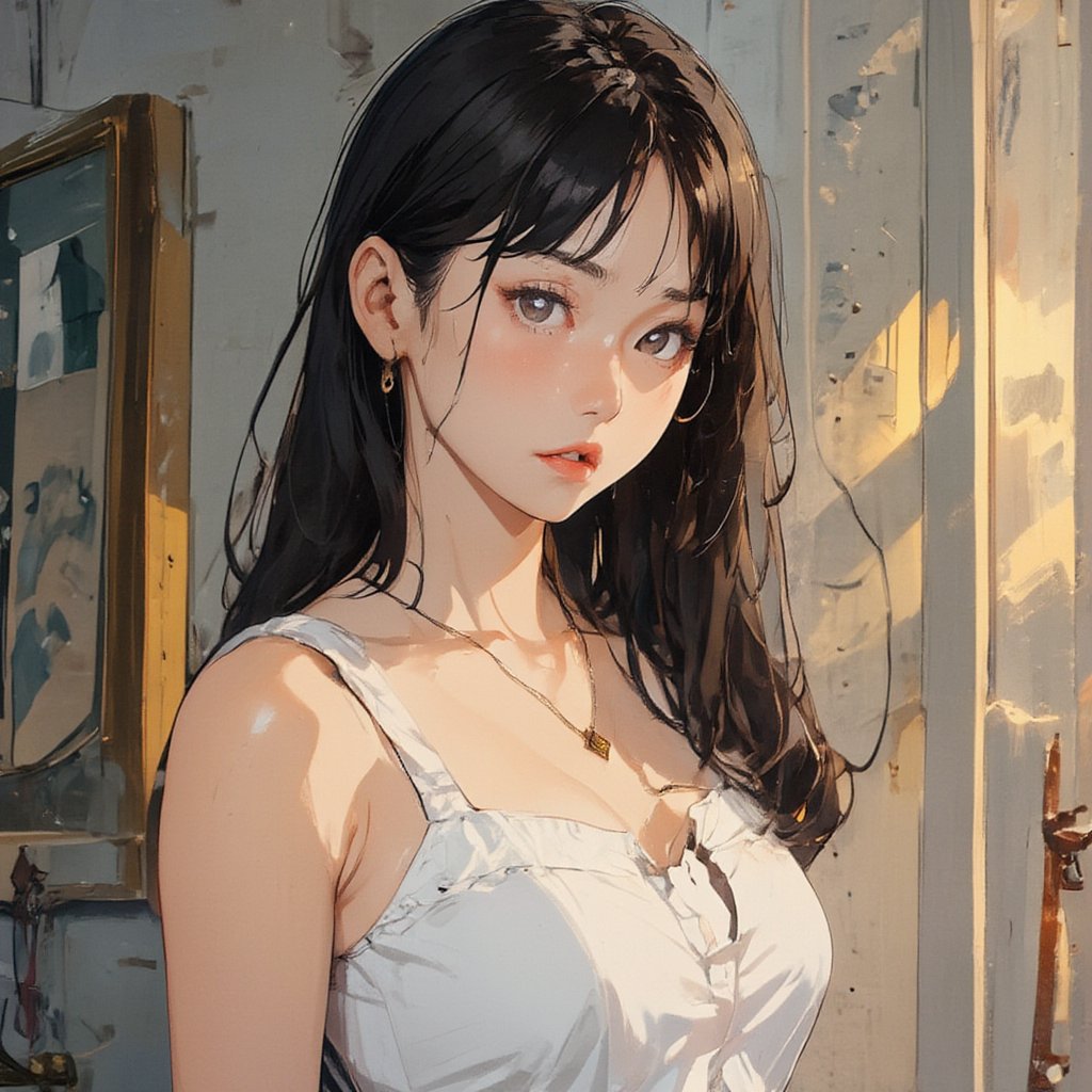 A upper body shot of manhwa girl, 18-years old and 1.64 meter tall Korean female model, a sweet smile on her face, standing gracefully.Wearing a cute summer square collar casual white dress that captures the essence of Korean fashion. The image emphasizes the soft textures of her attire and the delicate golden locket around her neck, illuminated by full studio light.,Anime Style,ek_an1_b00ster