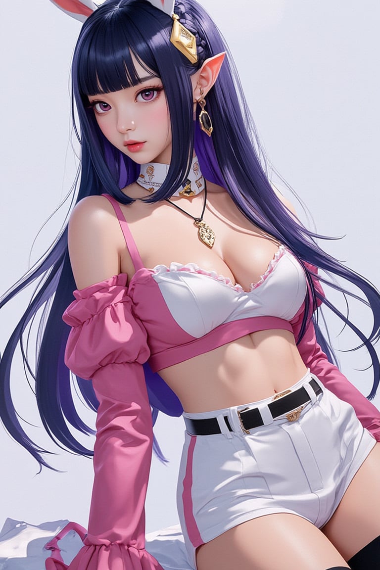 Create an anime-style illustration of a powerful female character inspired by Shalltear Bloodfallen. She has a long smooth straight hair, dark blue hair in the light shining light purple luster, simple and elegant hairstyle, with delicate braids on both sides, adding a bit of nifty. A pair of fluffy white rabbit ears are very cute. Her outfits, usually tight combat garb, were dominated by pinks, whites and blues, with gold embellishments or trims that suggested both her energy and a hint of nobility. The lower body is dressed in a white skirt and white tights, outlining the slender legs of Xiao dance's eyes are large and bright, always full of curiosity and lively light, with a sense of elvish mystery, the pupils are pink. Her body is slim, the movement is light and agile, in her body, wearing some simple accessories, such as earrings, necklaces or bracelets, these small decoration and her clothing style complement each other, neither too much flamboyant, but also just set off her temperament.


