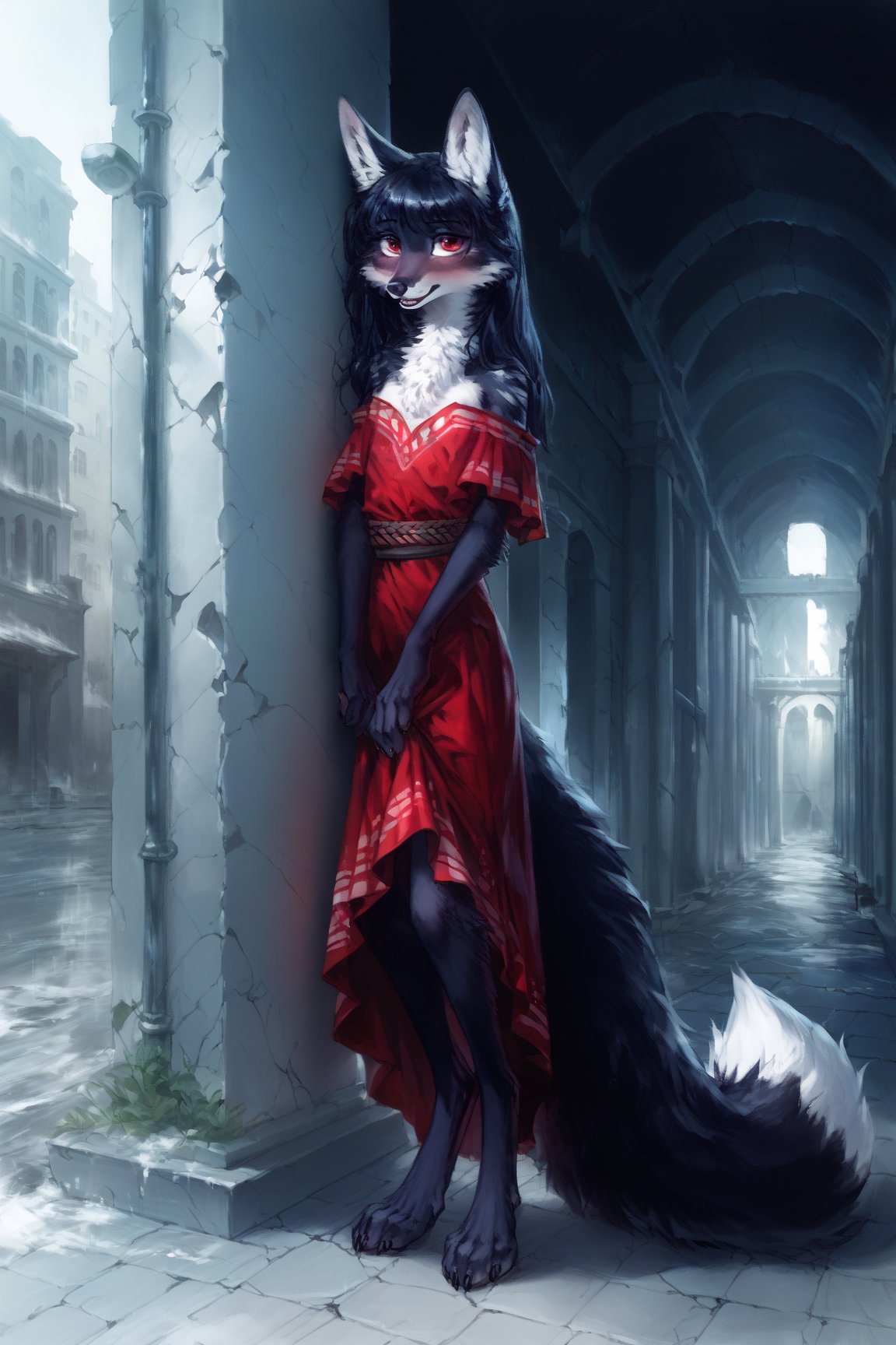 In a desolate urban landscape of crumbling city ruins, a young furry fox girl with malnourished features walks through the decrepit city, her bright red eyes shining with caution. She wears only a shredded tribal dress to cover her short emaciated frame, her black body fur wet and fluffy from the light snowfall. Her long fluffy tail and long black hair swish gently behind her as she walks on digitigrade feet towards the viewer, facing us with a heavy blush. The frozen streets of the ruined city stretch out before her, providing a stark backdrop for her extremely shy yet vulnerable presence. She stands tall, her skinny figure barely visible beneath the tattered dress, her torn clothes revealing hints of her tribal heritage. Her detailed face, eyes, and fur seem to glow in the cold light, as if infused with an otherworldly essence.