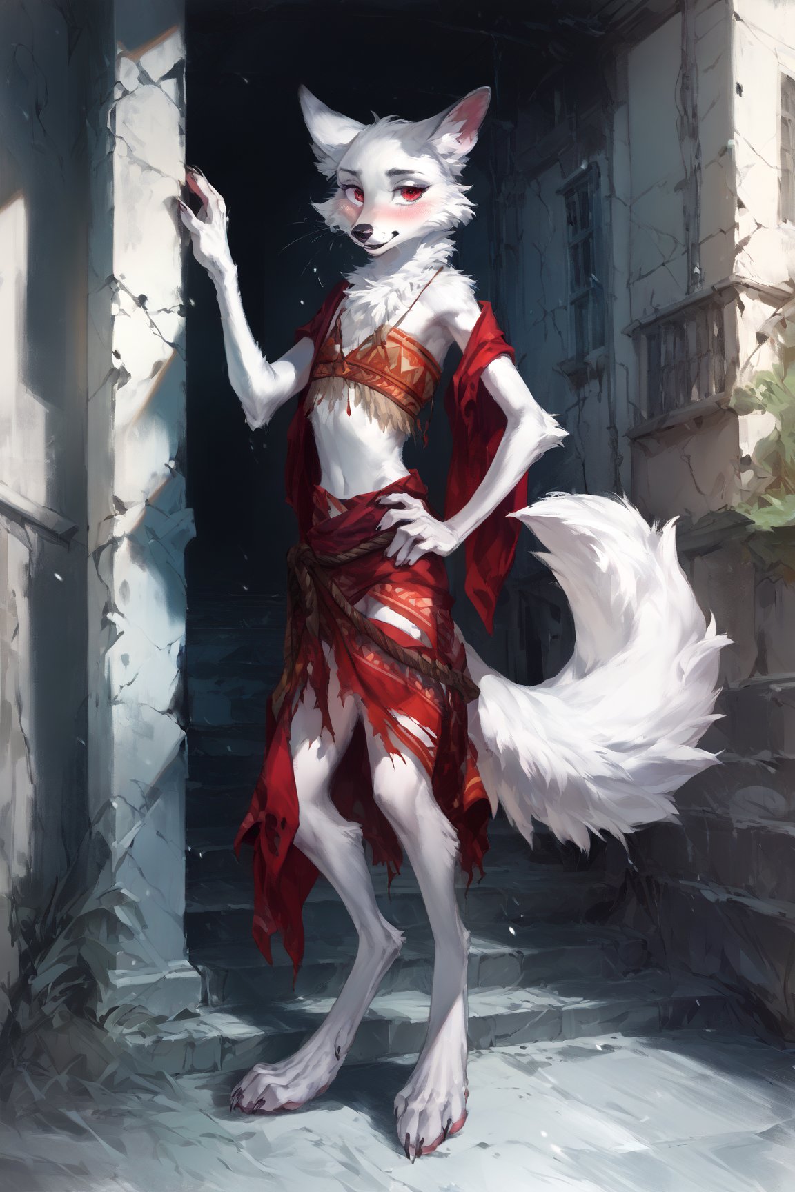 In a desolate urban landscape of crumbling city ruins, a young furry fox girl walks through the decrepit streets, her bright red eyes shining with caution. Her shredded tribal dress bearly clings  to her emaciated frame nearly falling off. Her wet pure white body fur glistening from light snowfall. Long fluffy tail and long white hair swish behind her as she approaches the viewer on digitigrade feet, ((facing towards viewer with a heavy blush)). The frozen streets stretch out before us, providing a stark backdrop for her shy yet vulnerable presence.((Full body)), skinny, tribal,score_8_up,score_9,Native American,torn clothes,(((furry))),score_7_up,source_furry,detailed face eyes and fur,anthro