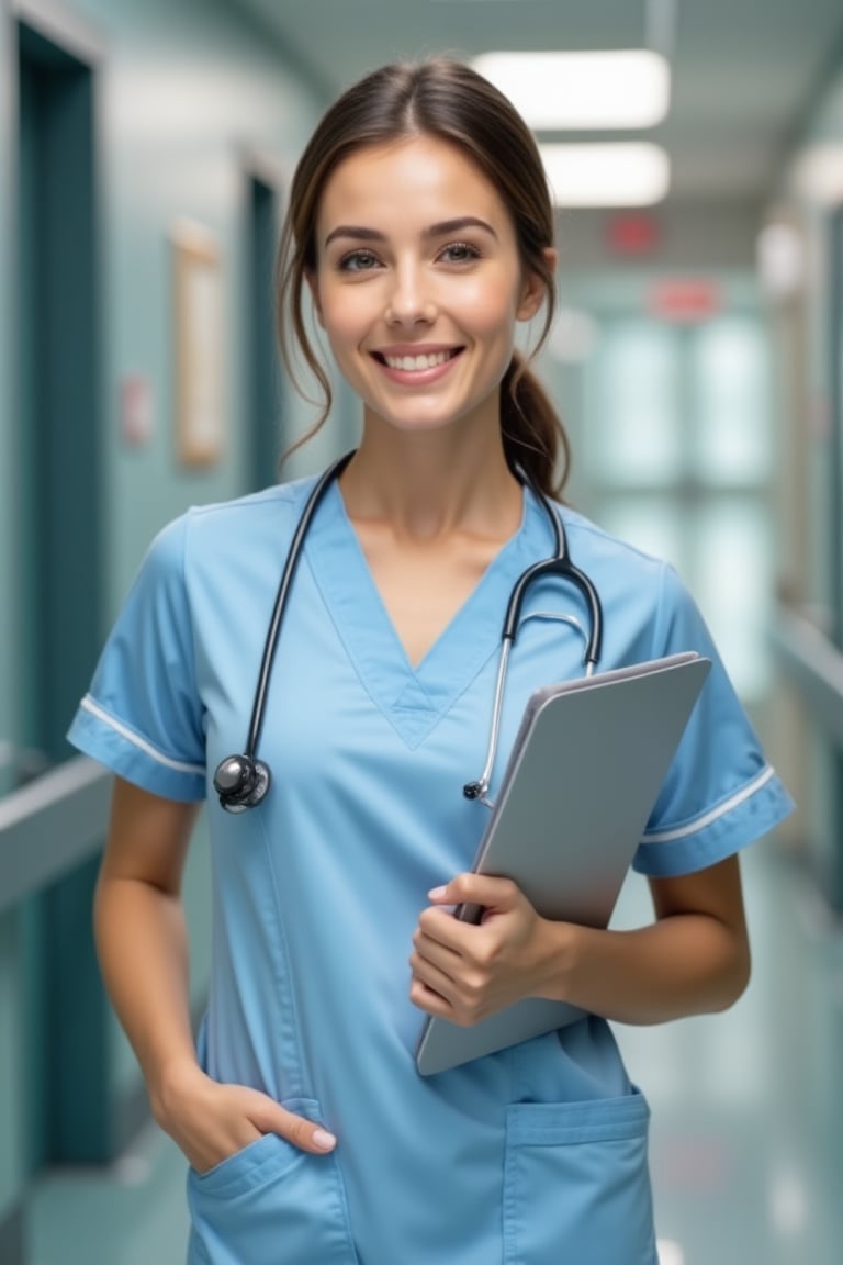 A young woman, 25 years old, wearing a pristine nurse uniform, standing in a hospital corridor. The lighting is soft and ambient, casting a gentle glow on her face. She holds a clipboard in one hand, her posture professional yet approachable. The composition is centered, with the corridor stretching out behind her, emphasizing her role in the medical environment.