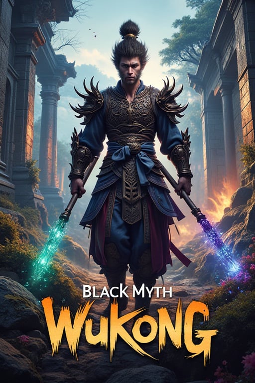 The poster for 'Black Myth: Wukong' features Wukong in a powerful, heroic pose, depicted with intense focus and determination, illuminated by dramatic, cinematic lighting that enhances the intricate details of his ornate armor, which blends traditional Asian motifs with fantastical designs. His staff, detailed with ancient runes and glowing with mystical energy, is central to the composition, surrounded by dynamic magical effects in vibrant hues of blue, green, and purple. The background showcases grand ancient ruins with crumbling columns and overgrown vines, bathed in warm, dramatic lighting that highlights their weathered textures and adds a sense of forgotten grandeur. Mythical creatures in the distance, rendered with ethereal details and magical auras, contribute to the expansive, enchanted world. The foreground features a lush, mystical forest with dense foliage and vibrant flowers, casting dappled shadows through the filtering light, while the atmospheric effects of mist and fog enhance the depth and mystery of the scene. The title 'Black Myth: Wukong' is prominently displayed in a bold, stylized font, integrated with the game’s theme, and strategically placed to complement the overall composition. The rich color palette, featuring deep blues, fiery oranges, mystical greens, and earthy browns, is blended with smooth gradients to create a sense of depth and dimension, capturing the epic, high-fidelity fantasy style reminiscent of 'The Lord of the Rings' films, Studio Ghibli’s enchanting landscapes, and Final Fantasy’s detailed game art.,wukong,CNShenhou