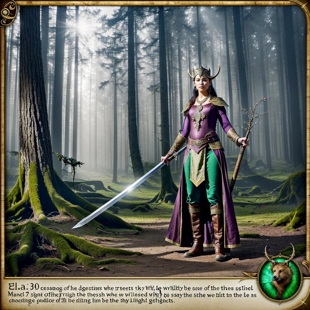 the following is my dnd character I want you to create an oil painting of her in the woods. Character Bio: Elaria Thornshade

Race: Wood Elf

Class: Druid (Circle of the Moon)

Level: 5

Alignment: Neutral Good

Background:

Elaria Thornshade is a Wood Elf from a secluded forest village hidden deep within an ancient woodland. The people of her village have always been closely connected to nature, and Elaria was no exception. From a young age, she showed an affinity for animals and the natural world, spending more time among the trees and wildlife than with other elves.

Her life took a mysterious turn when she entered the village’s annual contest—a rite of passage where young elves demonstrated their ability to transform into fearsome beasts. Elaria’s transformation was so profound that she won the contest, earning her a powerful sword and shield crafted from the very essence of the forest. However, the event triggered something within her. After the contest, Elaria found herself with no memory of her life before that day, save for a single enigmatic object: a necklace she could not remove and instinctively knew held most of her power.

While her memory is fragmented, her connection to the forest and its creatures remains strong. Elaria has embarked on a journey to uncover her past, protect the wilds, and seek out the true nature of the necklace she wears.

Personality:

	•	Shy and Reserved: Elaria is soft-spoken and prefers the company of animals over most humanoids. She finds solace in nature and feels uneasy in crowded or bustling areas.
	•	Protective and Kind: While she may be quiet, Elaria fiercely defends the natural world and those who cannot protect themselves. She is gentle and caring, especially towards animals, but cautious with strangers—particularly humans, who she believes can only be trusted once.
	•	Curious and Determined: Despite her gentle nature, Elaria is driven by a need to understand her lost past and the power of her necklace. This curiosity sometimes leads her into dangerous situations, but her resourcefulness and connection to nature help her navigate through them.

Appearance:

	•	Height: 5’10”
	•	Build: Slender and graceful
	•	Hair: Long, dark brown with hints of green, often adorned with leaves and small flowers
	•	Eyes: Bright green, reflecting the light of the forest
	•	Clothing: Simple, nature-inspired attire, often in shades of green and brown. Her sword and shield are intricately designed with vines and forest motifs, and her mysterious necklace glows faintly with an otherworldly light.

Abilities and Spells:

Hit Points: 39 (5d8+10)
Armor Class: 16 (with shield)
Speed: 35 ft.

Strength: 10 (+0)
Dexterity: 16 (+3)
Constitution: 14 (+2)
Intelligence: 12 (+1)
Wisdom: 18 (+4)
Charisma: 10 (+0)

Proficiencies:

	•	Armor: Light armor, medium armor, shields
	•	Weapons: Clubs, daggers, darts, javelins, maces, quarterstaffs, scimitars, sickles, slings, spears
	•	Tools: Herbalism kit
	•	Saving Throws: Intelligence, Wisdom
	•	Skills: Nature (+5), Perception (+7), Survival (+7), Animal Handling (+7)

Languages: Common, Elvish, Druidic, Sylvan

Druid Circle: Circle of the Moon

	•	Combat Wild Shape: Bonus action to transform into a beast of CR 1 or lower.
	•	Circle Forms: Access to more powerful animal forms, such as the Dire Wolf or Brown Bear.

Spells (Prepared):
Cantrips:

	•	Shillelagh
	•	Thorn Whip
	•	Guidance

1st Level (4 slots):

	•	Goodberry
	•	Cure Wounds
	•	Faerie Fire
	•	Speak with Animals

2nd Level (3 slots):

	•	Moonbeam
	•	Hold Person
	•	Summon Beast

3rd Level (2 slots):

	•	Call Lightning
	•	Plant Growth

Notable Equipment:

	•	Nature’s Edge (Sword): A magical longsword crafted from ancient wood and vines, imbued with the power of the forest. Grants a +1 bonus to attack and damage rolls.
	•	Verdant Shield: A shield formed from the heartwood of a sacred tree, provides +2 to AC and advantage on saving throws against spells of a plant or earth nature.
	•	Mystic Necklace: A mysterious necklace with an unknown origin, it grants Elaria the ability to cast Detect Magic once per day without expending a spell slot. The necklace holds her past, but its full power and purpose are yet to be revealed.

Feats and Traits:

	•	Keen Senses: Proficiency in Perception.
	•	Fey Ancestry: Advantage on saving throws against being charmed, and magic can’t put you to sleep.
	•	Mask of the Wild: Can attempt to hide even when only lightly obscured by foliage, heavy rain, falling snow, mist, and other natural phenomena.
	•	Wild Shape (2/day): Elaria can transform into a beast as per Druid abilities, with additional forms due to her Circle of the Moon training.