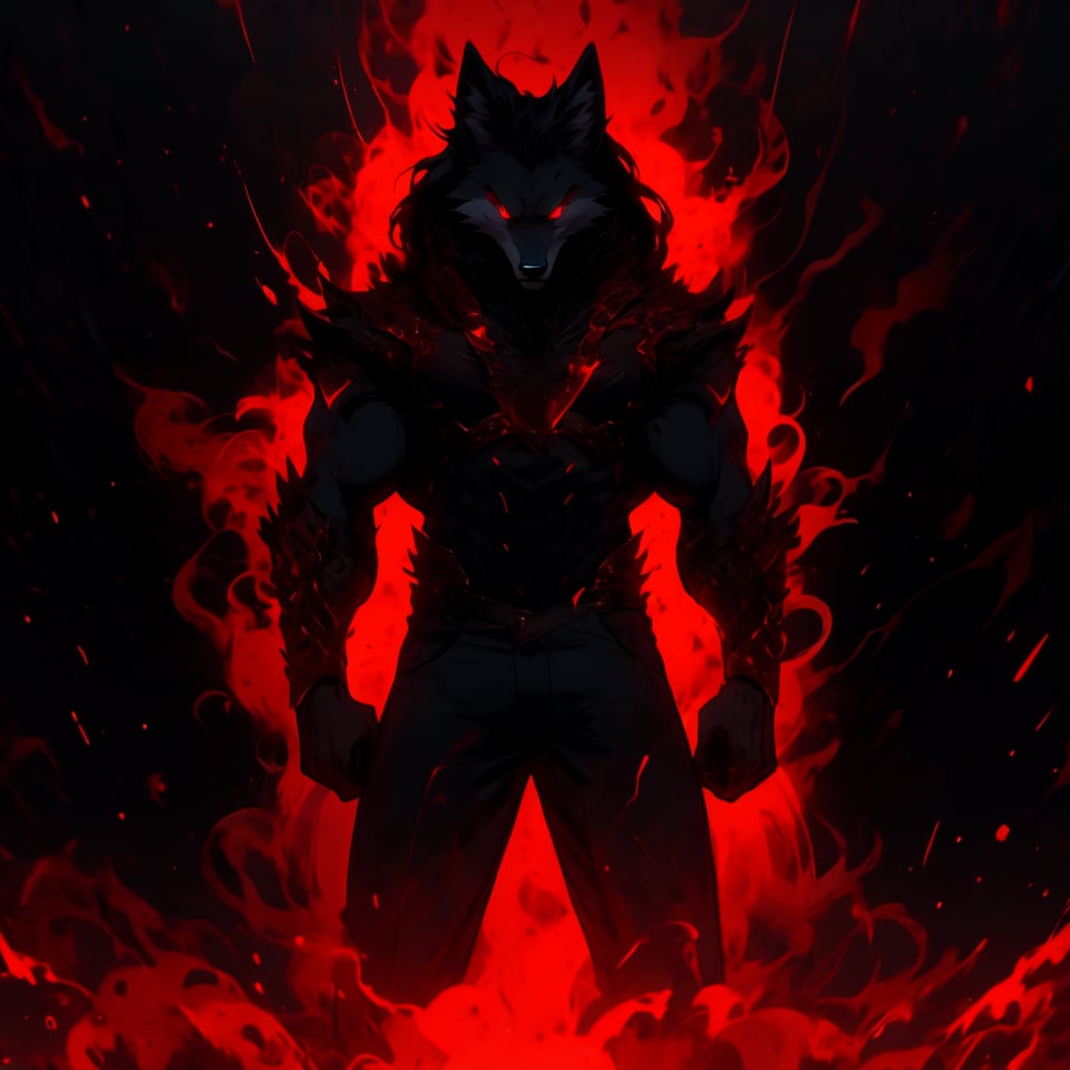 8k, masterpiece, anthro, male, solo, wolf, black fur, handsome, muscular, long black hair, glowing red eyes, black sclera, wolf ears, snout, wolf tail, fullbody, looking at viewer, angry, glowing, aura, dark background, r1ge, (red theme:1.2)