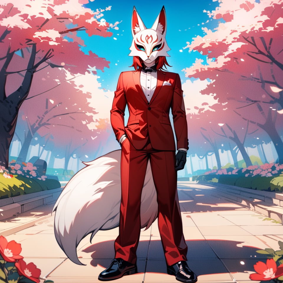 8k, masterpiece, anthro, male, human, solo, pale skin, handsome, red long hair, white highlights, aqua blue eyes, athletic, fox ears, fox tail, fullbody, looking at viewer, red and white formal jacket, red and white formal pants, holding kitsune mask, background: cherry blossom forest