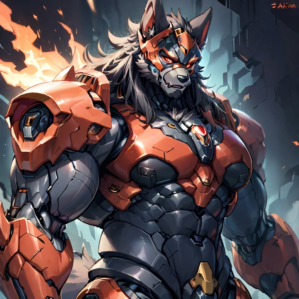 8k, masterpiece, anthro, male, solo, robot, werewolf, black fur, handsome, bara, muscular, huge muscles, long black hair, glowing red eyes, wolf ears, snout, wolf tail, cybernetics, fullbody, body shot, black sci-fi armor, sci-fi mask, metal jaw, looking at viewer, mad, dark background, suurin, score_8_up, furry