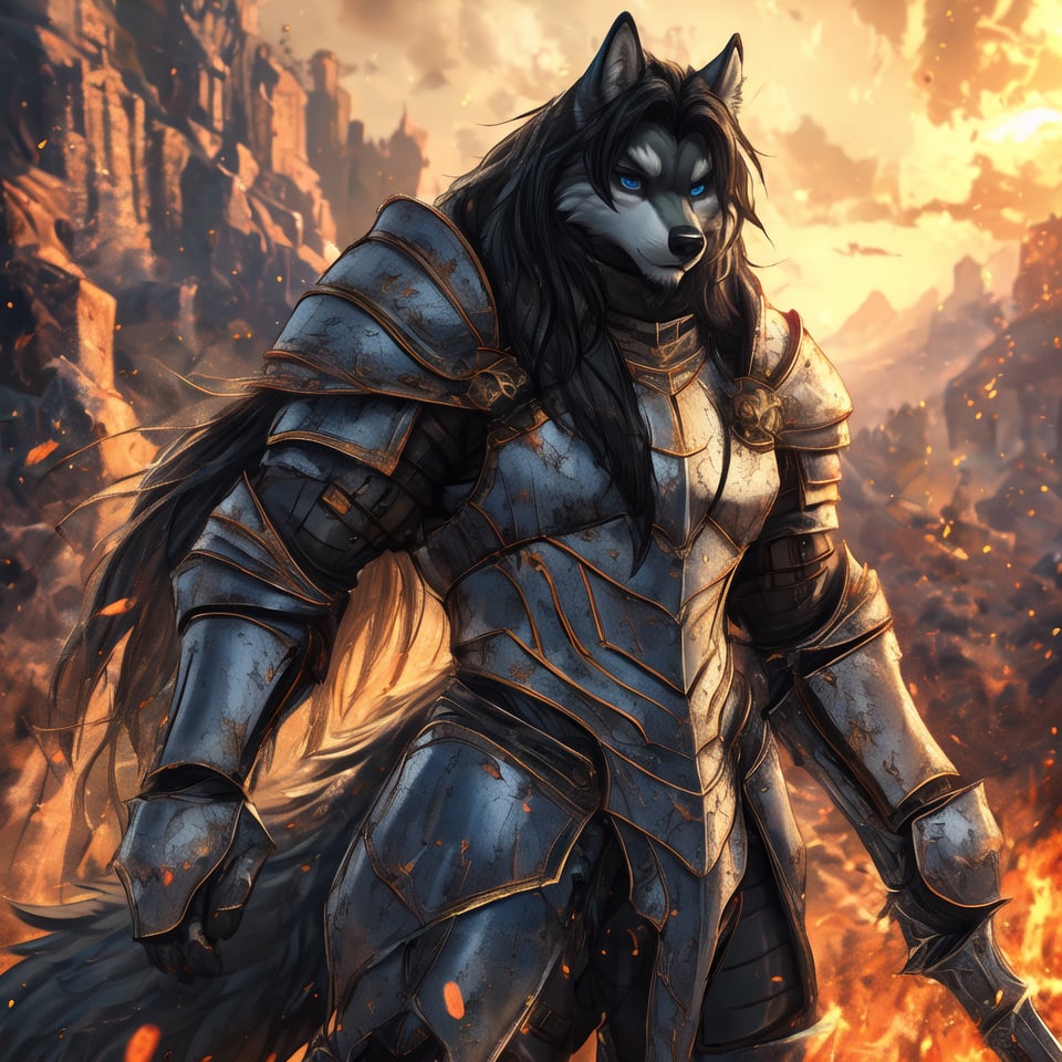 8k, masterpiece, anthro, male, werewolf, solo, gray fur, handsome, muscular, huge muscles, long black hair, blue eyes, wolf ears, snout, wolf tail, knight armor, black armor, fullbody, background: hills, xuer plate armor, More Detail