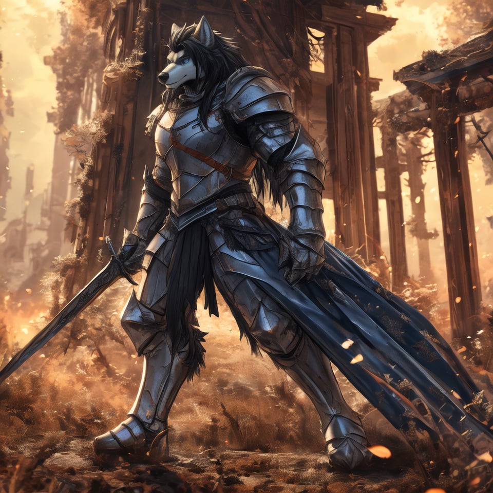 8k, masterpiece, anthro, male, werewolf, solo, gray fur, handsome, muscular, huge muscles, long black hair, blue eyes, wolf ears, snout, wolf tail, knight armor, black armor, fullbody, background: hills, xuer plate armor, More Detail