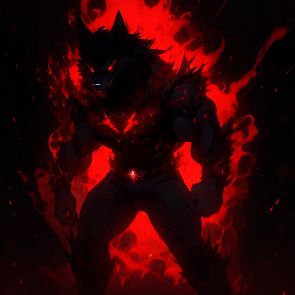 8k, masterpiece, anthro, male, solo, werewolf, black fur, handsome, bara, muscular, huge muscles, long black hair, glowing red eyes, black sclera, wolf ears, snout, wolf tail, fullbody, looking at viewer, angry, glowing, aura, dark background, r1ge, (red theme:1.2)