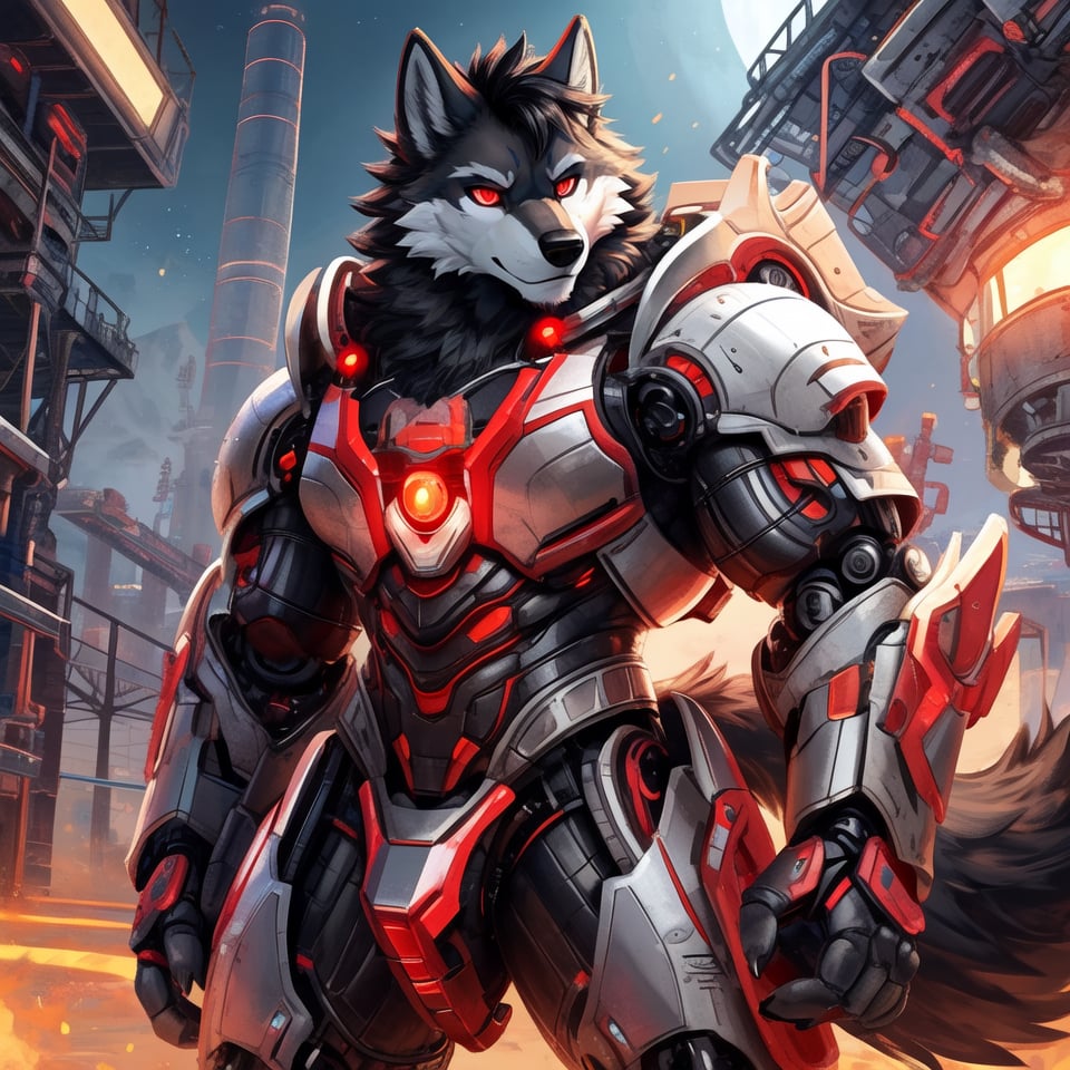 8k, masterpiece, anthro, male, wolf, tall, solo, black fur, handsome, black hair, glowing red eyes, red optics, bara, muscular, huge muscles, snout, mechanical wolf tail, black sci-fi armor, huge armored suit, exoskeleton, fullbody, background: facility