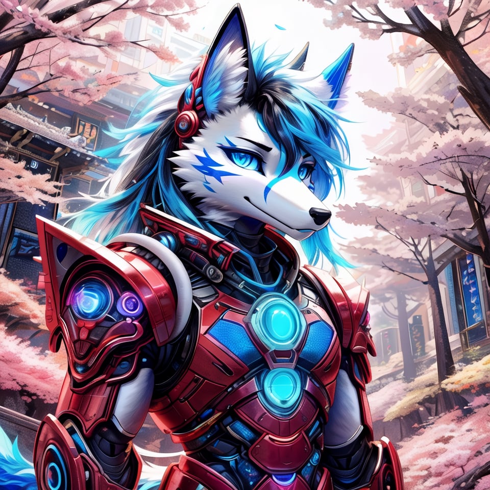 8k, masterpiece, anthro, male, kitsune, solo, white fur, handsome, athletic, white flowing hair, blue highlights, glowing aqua blue eyes, blue optics, kitsune ears, snout, kitsune tail, sci-fi armor, japanese armor, exoskeleton, fullbody, background: cherry blossom forest