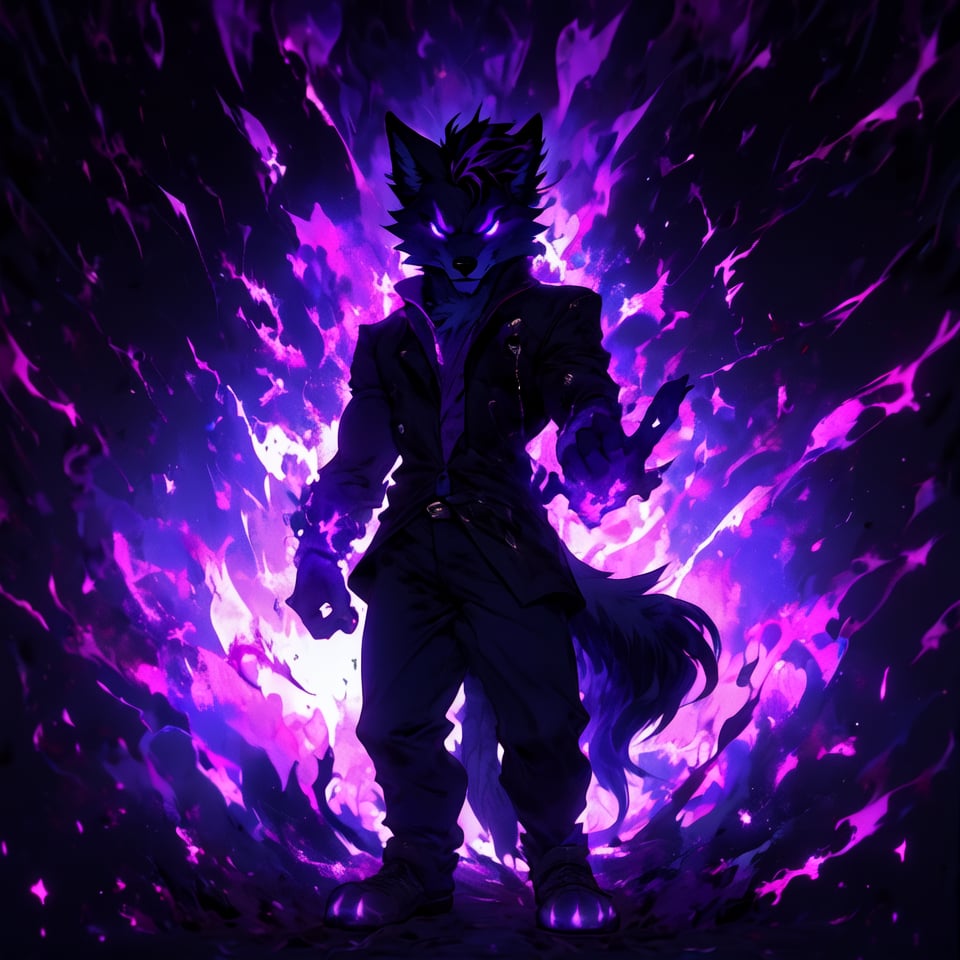 8k, masterpiece, anthro, male, solo, wolf, black fur, handsome, muscular, short black hair, purple highlights, glowing violet eyes, black sclera, wolf ears, snout, wolf tail, fullbody, looking at viewer, angry, glowing, aura, dark background, r1ge, (violet theme:1.2)