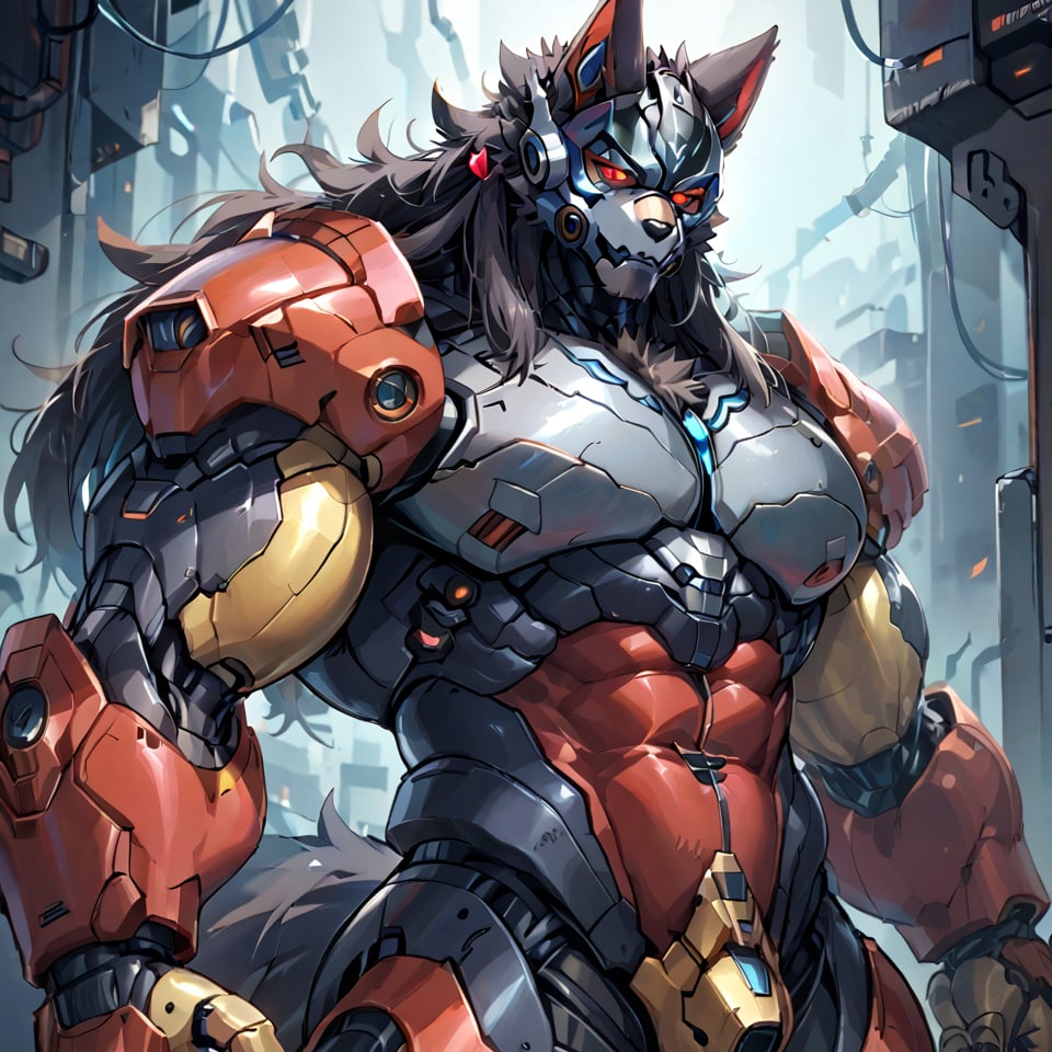 8k, masterpiece, anthro, male, solo, robot, werewolf, black fur, handsome, bara, muscular, huge muscles, long black hair, glowing red eyes, wolf ears, snout, wolf tail, cybernetics, fullbody, body shot, black sci-fi armor, sci-fi mask, looking at viewer, mad, dark background, suurin, score_8_up, furry