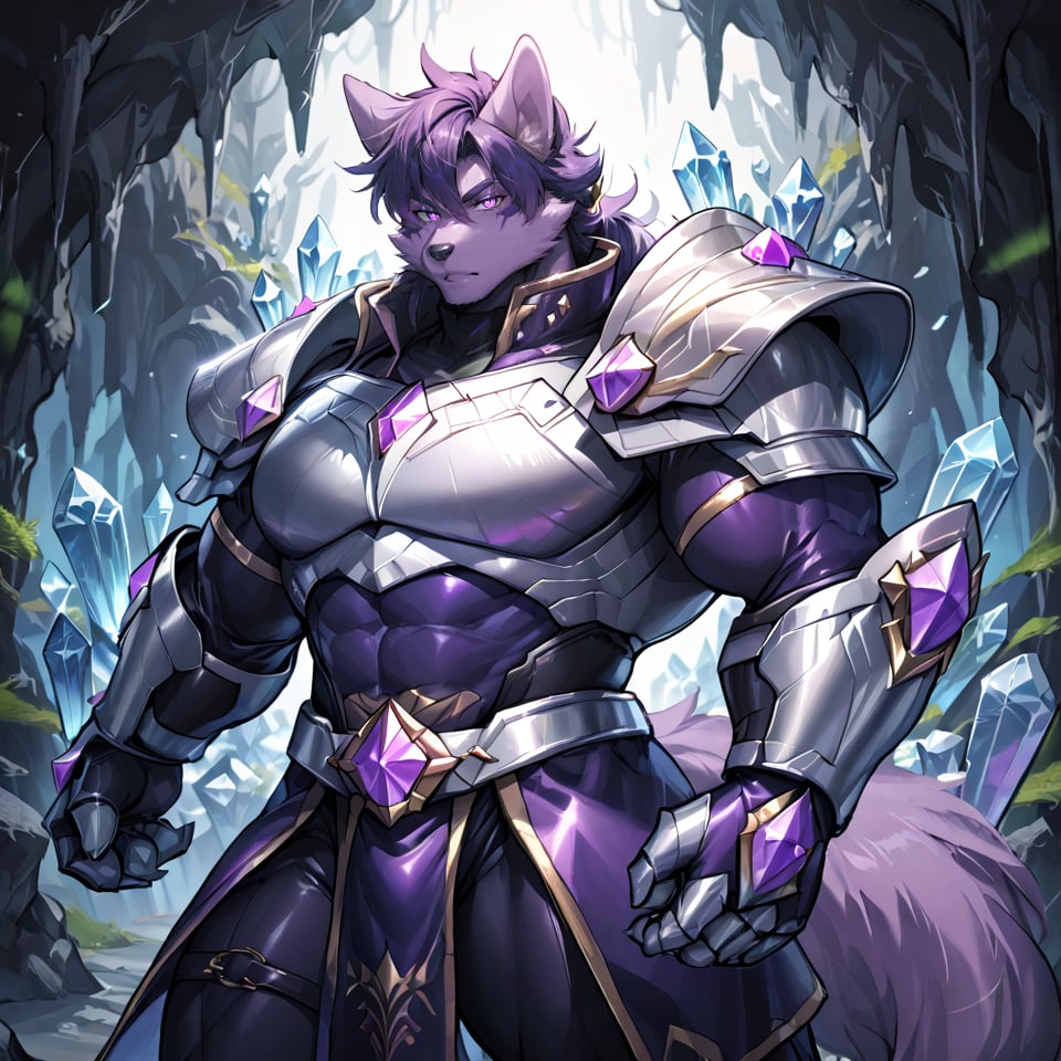 8k, masterpiece, anthro, male, solo, wolf, handsome, muscular, huge muscles, purple fur, short purple hair, glowing purple eyes, purple wolf ears, snout, purple wolf tail, fullbody, body shot, looking at viewer, crystal gauntlets, crystal armor, background: dark cave, amethyst, suurin, score_8_up