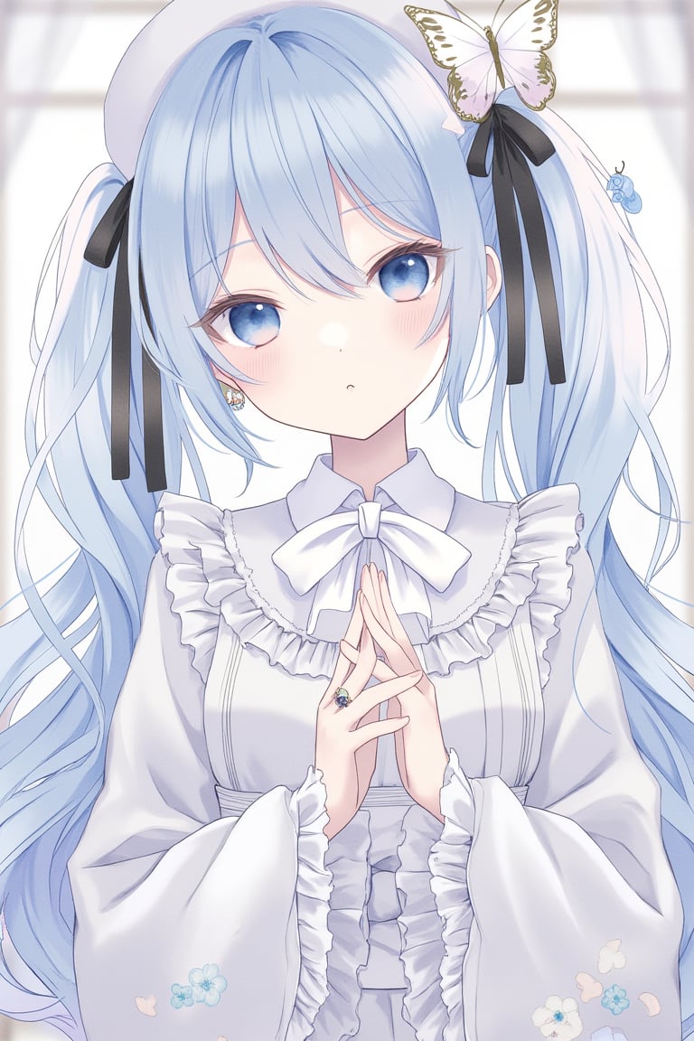 1girl, solo, long hair, looking at viewer, blush, bangs, blue eyes, hair ornament, long sleeves, hat, dress, bow, ribbon, hair between eyes, twintails, jewelry, very long hair, blue hair, hair ribbon, upper body, earrings, frills, parted lips, japanese clothes, puffy sleeves, bowtie, kimono, :o, petals, window, black ribbon, white headwear, floral print, ring, own hands together, bug, white bow, curtains, frilled sleeves, butterfly, white ribbon, puffy long sleeves, white bowtie, hatsune miku