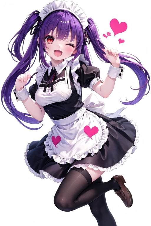 1girl, solo, long hair, looking at viewer, blush, smile, open mouth, bangs, red eyes, thighhighs, white background, dress, standing, purple hair, short sleeves, heart, frills, one eye closed, shoes, fang, puffy sleeves, hand up, apron, arm up, white thighhighs, two side up, puffy short sleeves, wrist cuffs, maid, maid headdress, brown footwear, leg up, standing on one leg, frilled dress, ;d, loafers, white apron, maid apron, frilled apron, collared dress, brown dress, heart background,(masterpiece),scenery