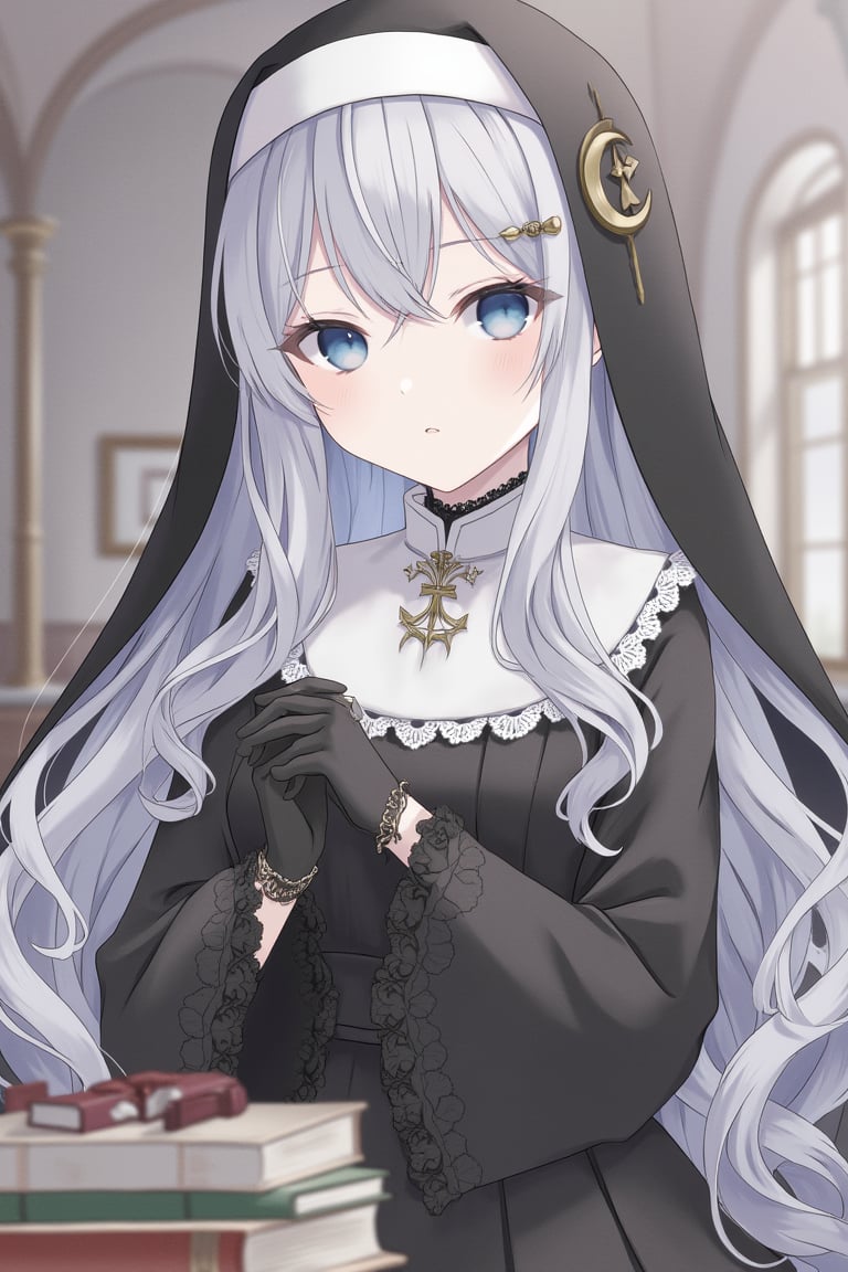 1girl, solo, long hair, looking at viewer, bangs, blue eyes, gloves, long sleeves, dress, jewelry, very long hair, closed mouth, upper body, grey hair, frills, parted lips, puffy sleeves, indoors, wide sleeves, star \(symbol\), black dress, book, wavy hair, own hands together, crescent, veil, lace trim, interlocked fingers, lace, nun, own hands clasped, habit, book stack, lace-trimmed sleeves, lace gloves