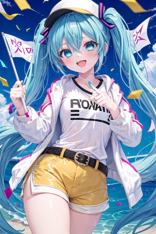 1girl, solo, long hair, looking at viewer, blush, smile, open mouth, bangs, blue eyes, skirt, shirt, long sleeves, hat, holding, hair between eyes, twintails, very long hair, blue hair, white shirt, :d, heart, multicolored hair, cowboy shot, shorts, belt, aqua eyes, v, aqua hair, white headwear, white jacket, white shorts, flag, confetti, yellow skirt, aqua nails, yellow shorts, holding flag, hatsune miku