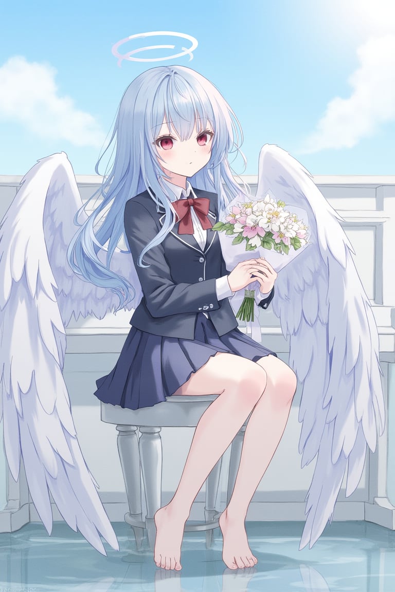 1girl, solo, long hair, bangs, skirt, shirt, red eyes, long sleeves, bow, holding, sitting, school uniform, blue hair, jacket, full body, flower, pleated skirt, outdoors, wings, sky, barefoot, day, collared shirt, cloud, bowtie, water, blue sky, blue skirt, floating hair, blazer, feathers, red bowtie, feathered wings, angel wings, bouquet, white wings, holding flower, stool, piano