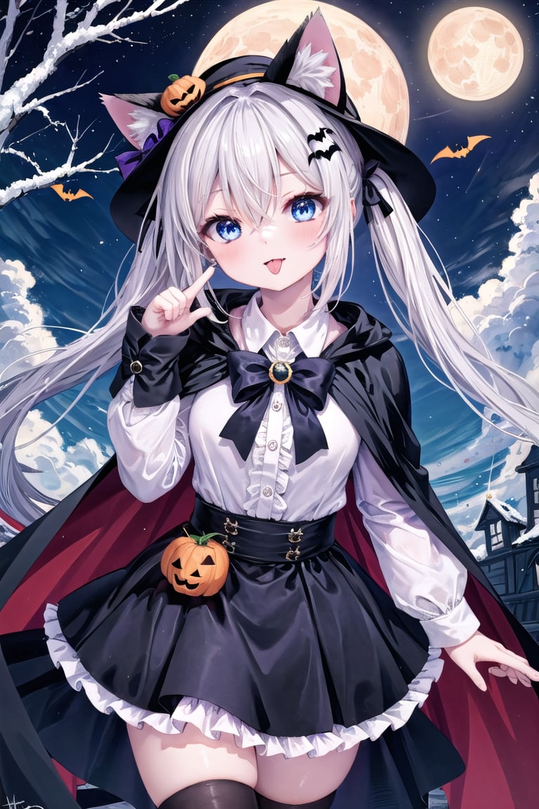 1girl, solo, looking at viewer, blush, smile, bangs, blue eyes, skirt, shirt, hair ornament, thighhighs, long sleeves, hat, bow, animal ears, hair between eyes, twintails, tail, white shirt, white hair, hair bow, grey hair, frills, sky, tongue, striped, puffy sleeves, collared shirt, cloud, cat ears, hand up, signature, tongue out, black skirt, star \(symbol\), cape, white thighhighs, cat tail, animal ear fluff, sleeves past wrists, dress shirt, black headwear, black bow, witch hat, night, low twintails, moon, frilled skirt, cat girl, hat bow, night sky, :p, full moon, puffy long sleeves, halloween, jack-o'-lantern, center frills, black cape, ears through headwear