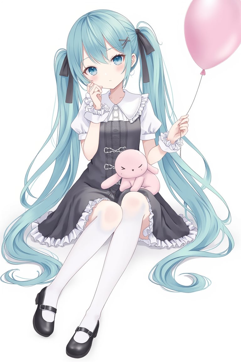 1girl, solo, long hair, looking at viewer, blush, bangs, blue eyes, hair ornament, thighhighs, dress, bow, ribbon, twintails, jewelry, sitting, very long hair, blue hair, full body, hair ribbon, short sleeves, earrings, frills, shoes, hairclip, black footwear, black dress, white thighhighs, wrist cuffs, aqua hair, stuffed toy, frilled dress, stuffed animal, knees up, stuffed bunny, balloon, hatsune miku