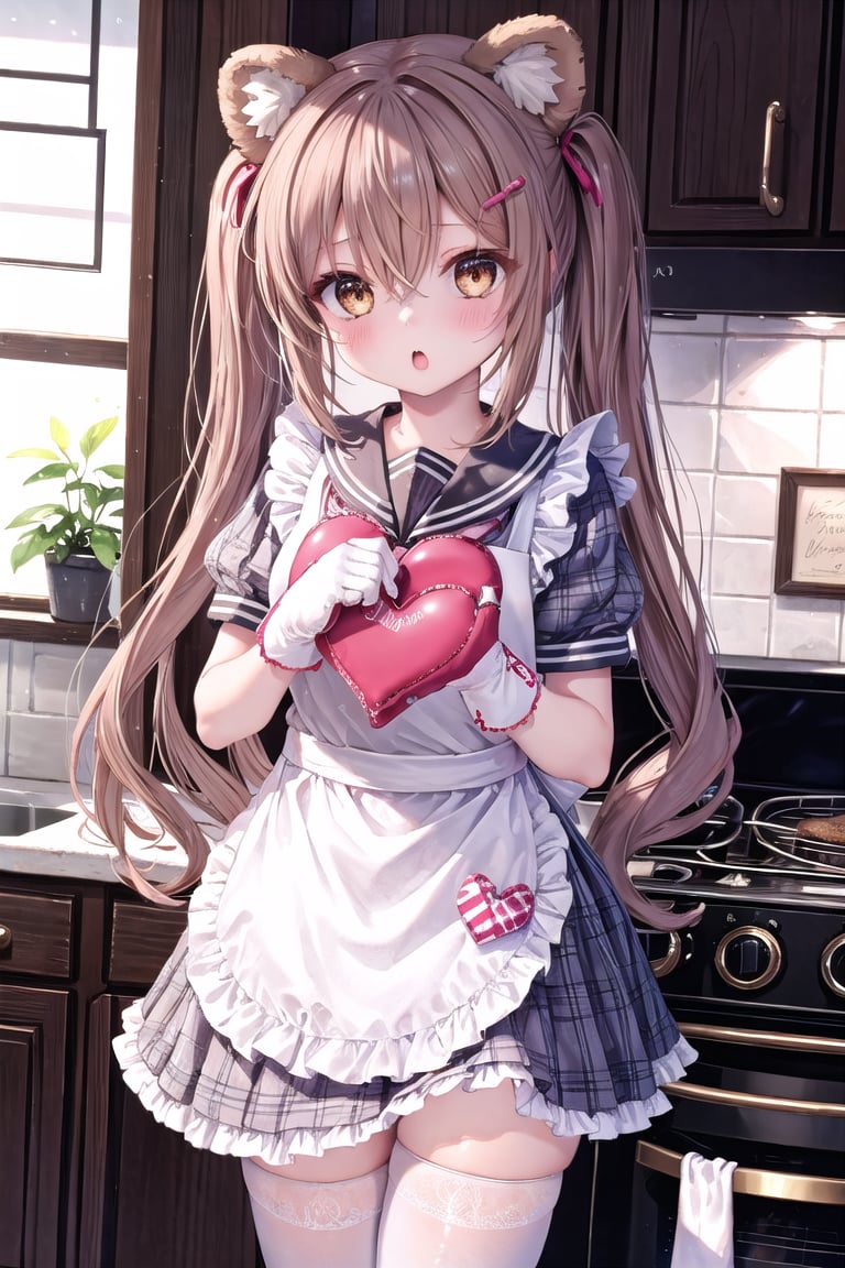 1girl, solo, long hair, looking at viewer, blush, bangs, brown hair, hair ornament, thighhighs, dress, bow, holding, animal ears, hair between eyes, twintails, brown eyes, very long hair, braid, short sleeves, heart, frills, parted lips, food, hairclip, puffy sleeves, sailor collar, blurry, :o, apron, white thighhighs, puffy short sleeves, plaid, white sailor collar, mittens, brown dress, cookie, bear ears, plaid dress, oven mitts