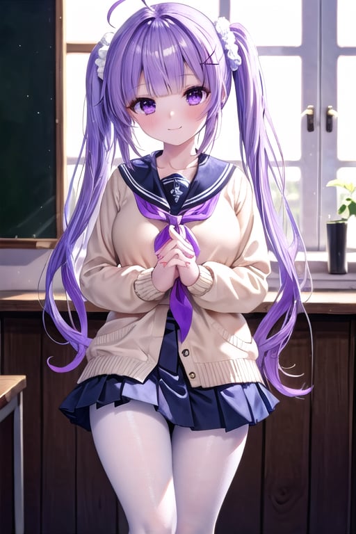 1girl, solo, long hair, looking at viewer, blush, smile, bangs, skirt, hair ornament, long sleeves, holding, twintails, very long hair, closed mouth, school uniform, standing, purple eyes, purple hair, ahoge, pantyhose, pleated skirt, serafuku, indoors, black skirt, sailor collar, blurry, neckerchief, sparkle, depth of field, blurry background, feet out of frame, low twintails, scrunchie, cardigan, own hands together, x hair ornament, hair scrunchie, white pantyhose, black sailor collar, anchor symbol, black scrunchie, white cardigan, unicorn \(azur lane\)