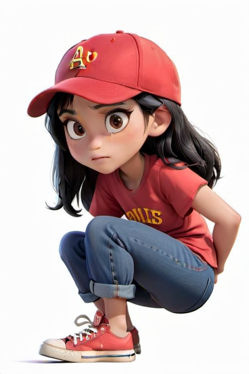 a young girl with black hair and brown eyes, wearing a red baseball cap, blue t-shirt, black jeans and red shoes, in pixar style, with a blank white background --ar 4:5