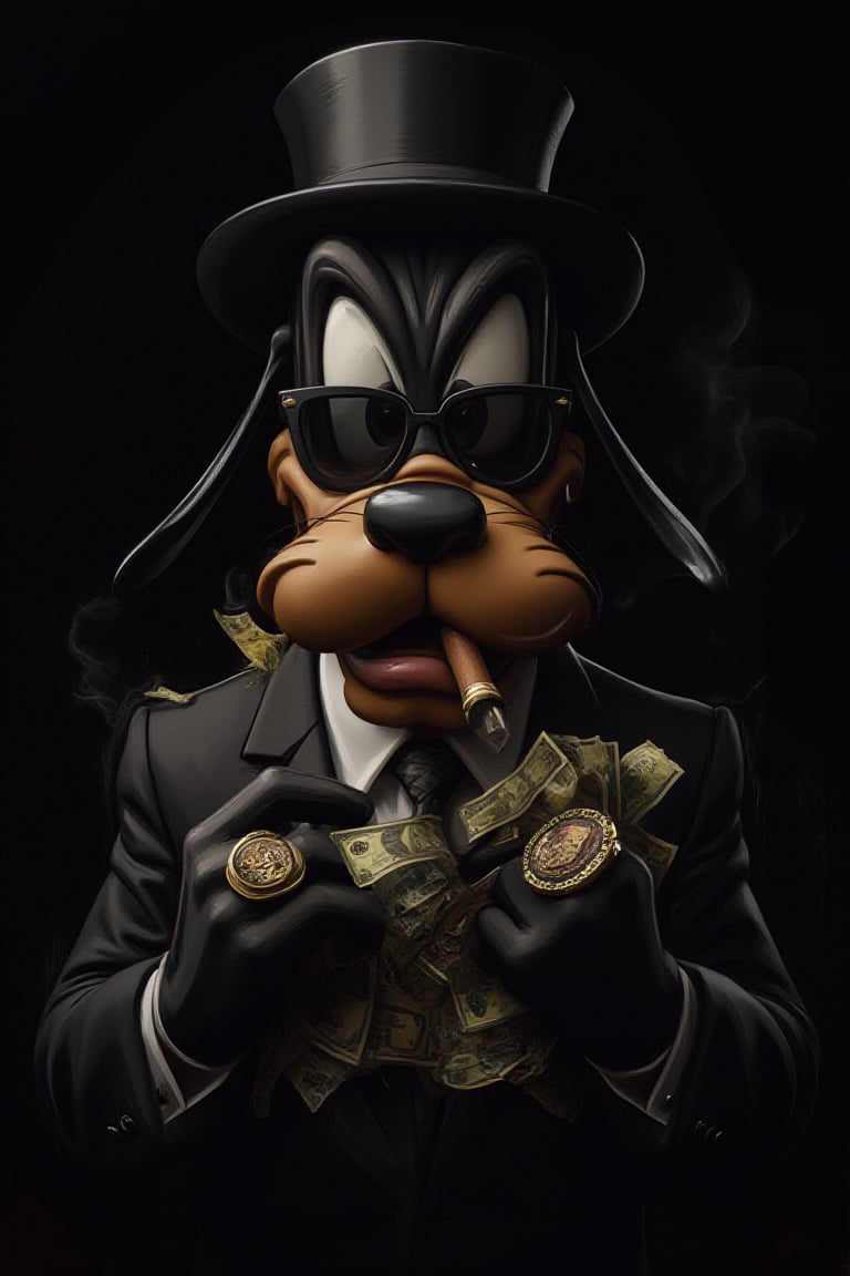 editorial, front view, cartoon, alpha male, Pluto as a mad business man with a suit and rings and sunglasses counting money and a cigar in his mouth and a hat on his head, angry face black background, detailed oilpainting