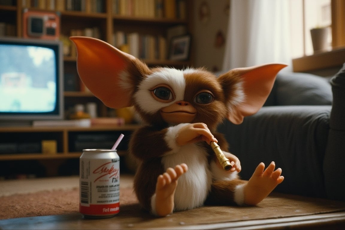 gizmo in a room playing a small flute while looking at the tv, sitting on a can of soda, 8k, ultra realistic, Cinematic