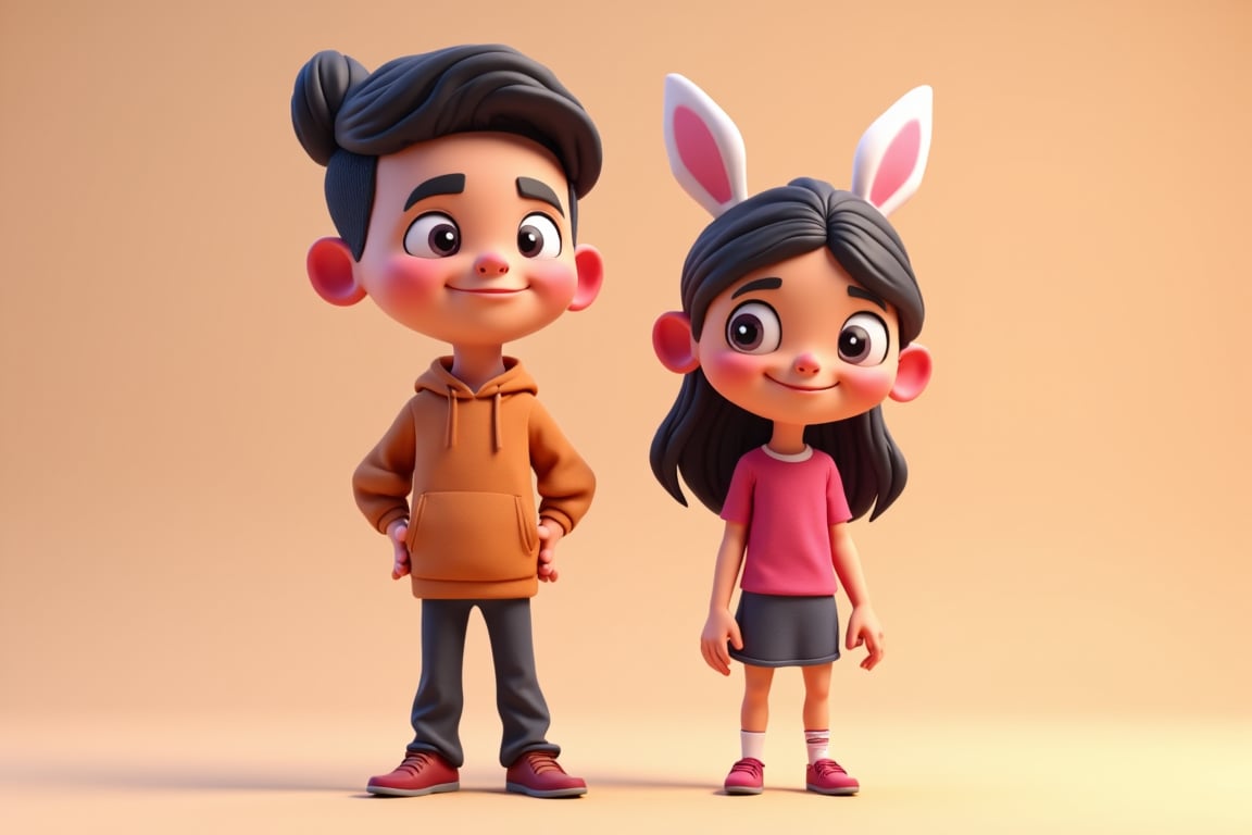 Create an art style image, exaggerated chibi man and wuman. They should have dynamic poses. He is taller than her.  3D cartoon art