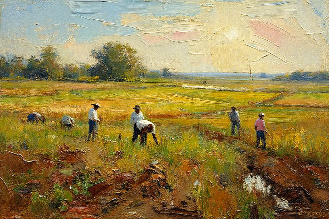 Impressionism, in the style of Frank Weston Benson, "Field with workers planting crops, Medium-thick impasto for the soil and plants, with indistinct human figures bending over the fields, created with rough, abstract impasto strokes. A small number of workers/human figures.", detailed, (extremely sharp:1.2), (high-definition:1.2), (clean, crisp edges:1.2), (ultra-sharp textures:1.4), (focus on fine details:1.2), (perfect clarity:1.2), (oil painting:1.4)