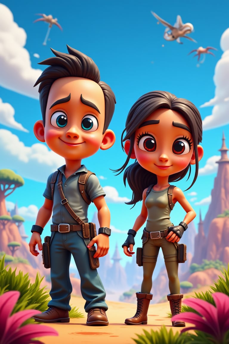 Create an art style image, featuring exaggerated chibi Tom Hanks and chibi Lara Croft features with a cartoonish and whimsical approach. They should have bold, playful designs reminiscent of animated TV shows, with bright, vibrant colors and dynamic poses. Include chibi boy and frog. Tom Hanks is taller than Lara Croft. Everyone turned in their own direction. Everyone looks in their own direction. The environment should be an imaginative, colorful landscape with oversized, playful objects like giant trees, fantastical floating islands, and quirky buildings. The overall feel should be fun, energetic, and engaging, capturing the playful and adventurous spirit of Fortnite. cartoon art