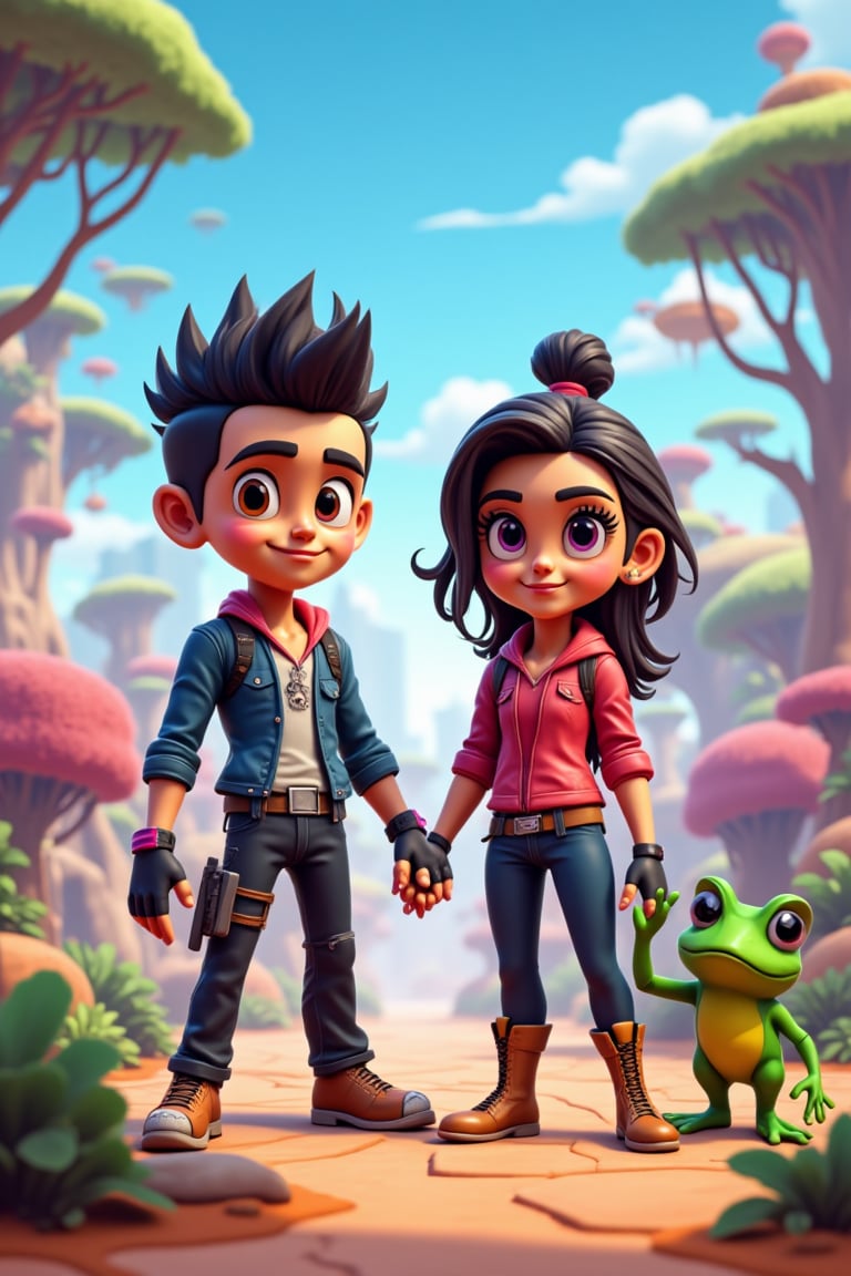 Create an art style image, featuring exaggerated chibi Antonio Banderas and chibi Charlize Theron features with a cartoonish and whimsical approach. They should have bold, playful designs reminiscent of animated TV shows, with bright, vibrant colors and dynamic poses. Include chibi boy and frog. They stand holding each other's hand. Everyone looks in their own direction. The environment should be an imaginative, colorful landscape with oversized, playful objects like giant trees, fantastical floating islands, and quirky buildings. The overall feel should be fun, energetic, and engaging, capturing the playful and adventurous spirit of Fortnite. cartoon art