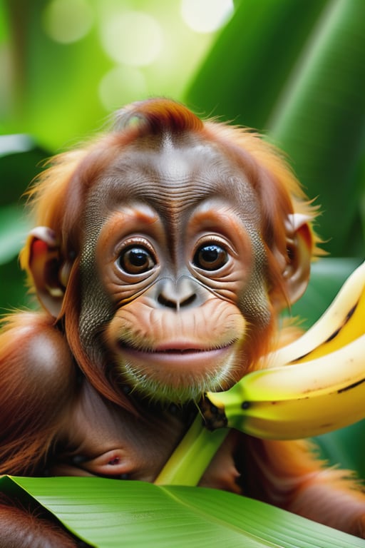 professional nature photography, portrait of a cute baby orangutan, flowers and banana leaves background, ultrarealistic and ultradetailed, 8kUHD , flower elements, ultradetailed face , full body,DonMG414, 35mm digital photography, sharp focus on eyes,  bokeh 