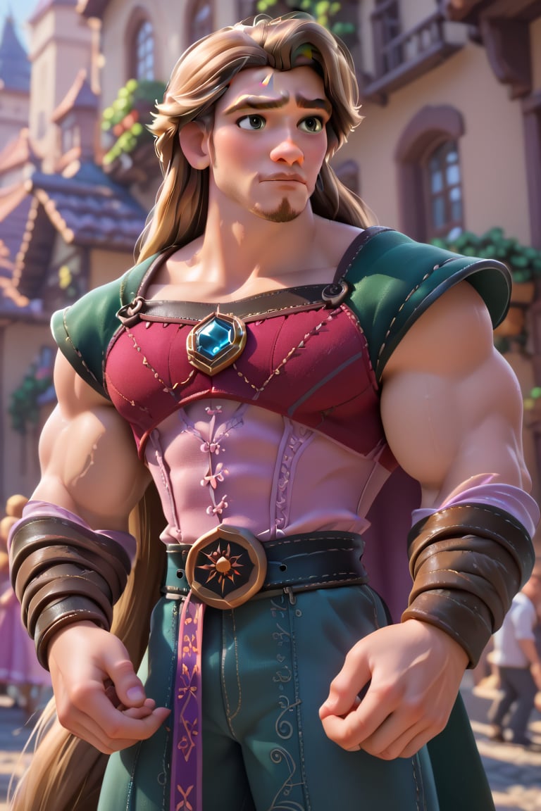 score_9,score_8_up,score_7_up, very muscular Rapunzel hugs Flynn Rider,  fine details, 8k