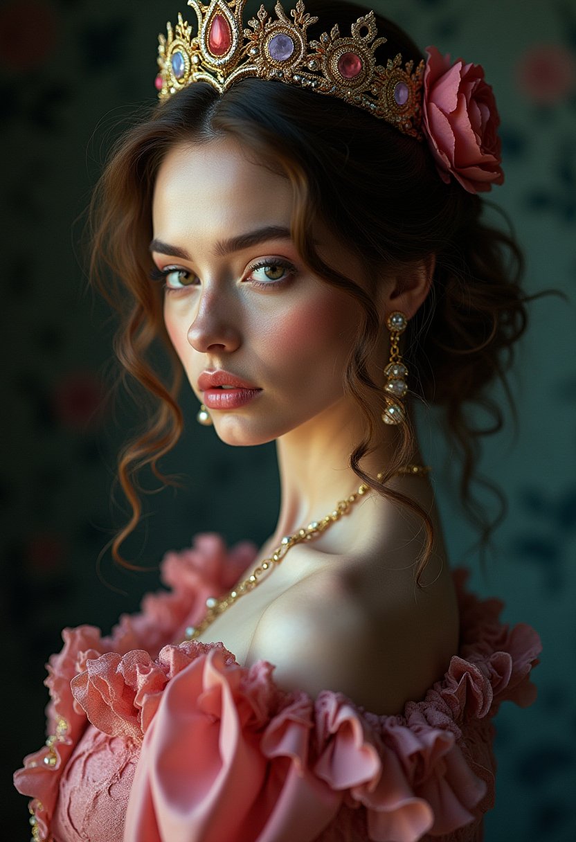 shoulder level shot, portrait, close up of a Female Princess, designed by Jo Ann Callis, enchanted, highly intricate, extremely stylish, imposing, dynamic cinematic color, cute, highly complex, flowing, dramatic, ambient atmosphere, set logical ambient background