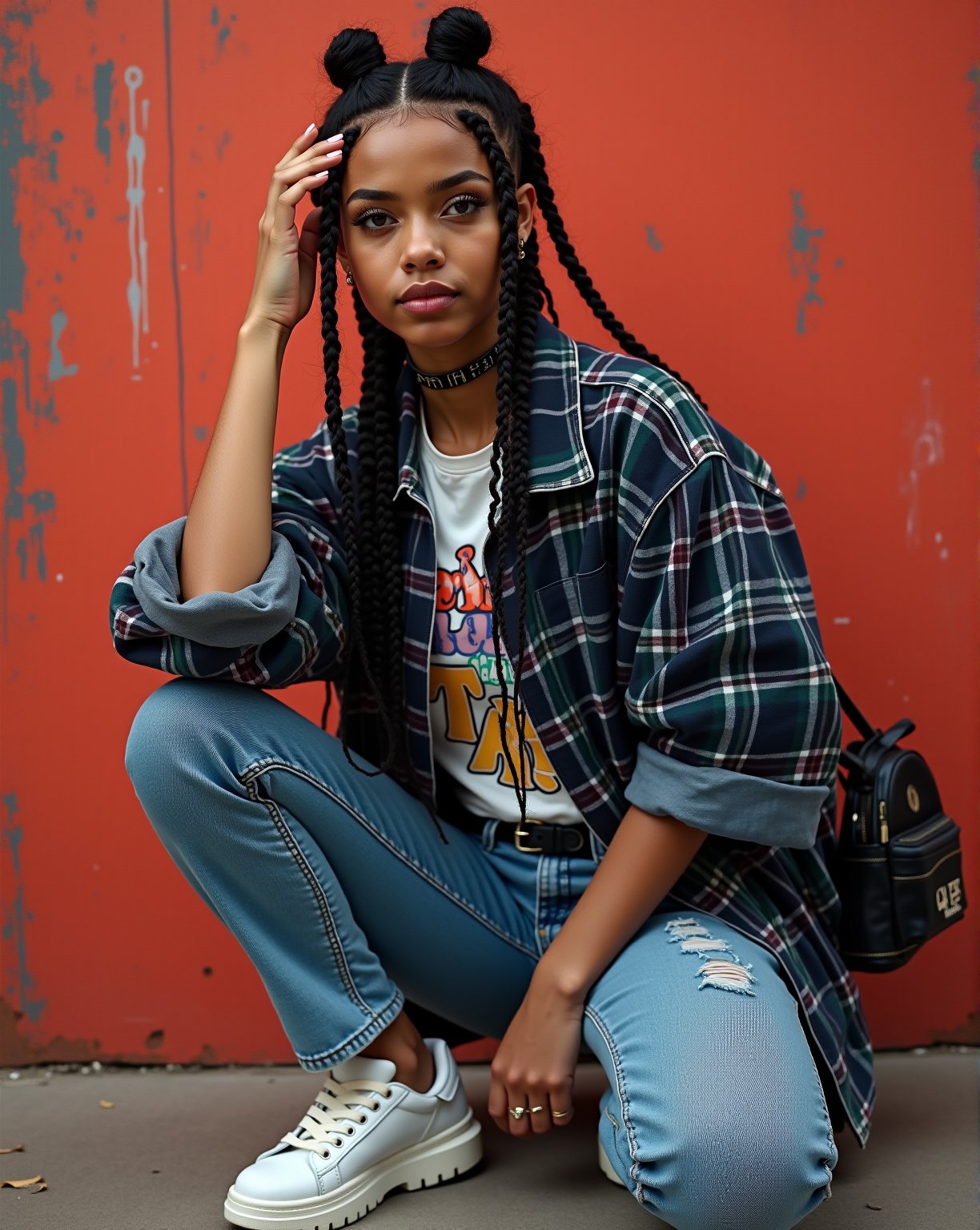 painting, knee level shot of a sensual girl with braided hair, she is wearing a Crowcore fashion style top: oversized flannel shirt layered over a graphic band tee bottom: high-waisted mom jeans with a slight distress footwear: chunky white sneakers or platform sandals accessories: choker necklace and a mini backpack outerwear: denim jacket with patches, Flustered, Emopunk, dynamic composition, great light, striking, fine detail