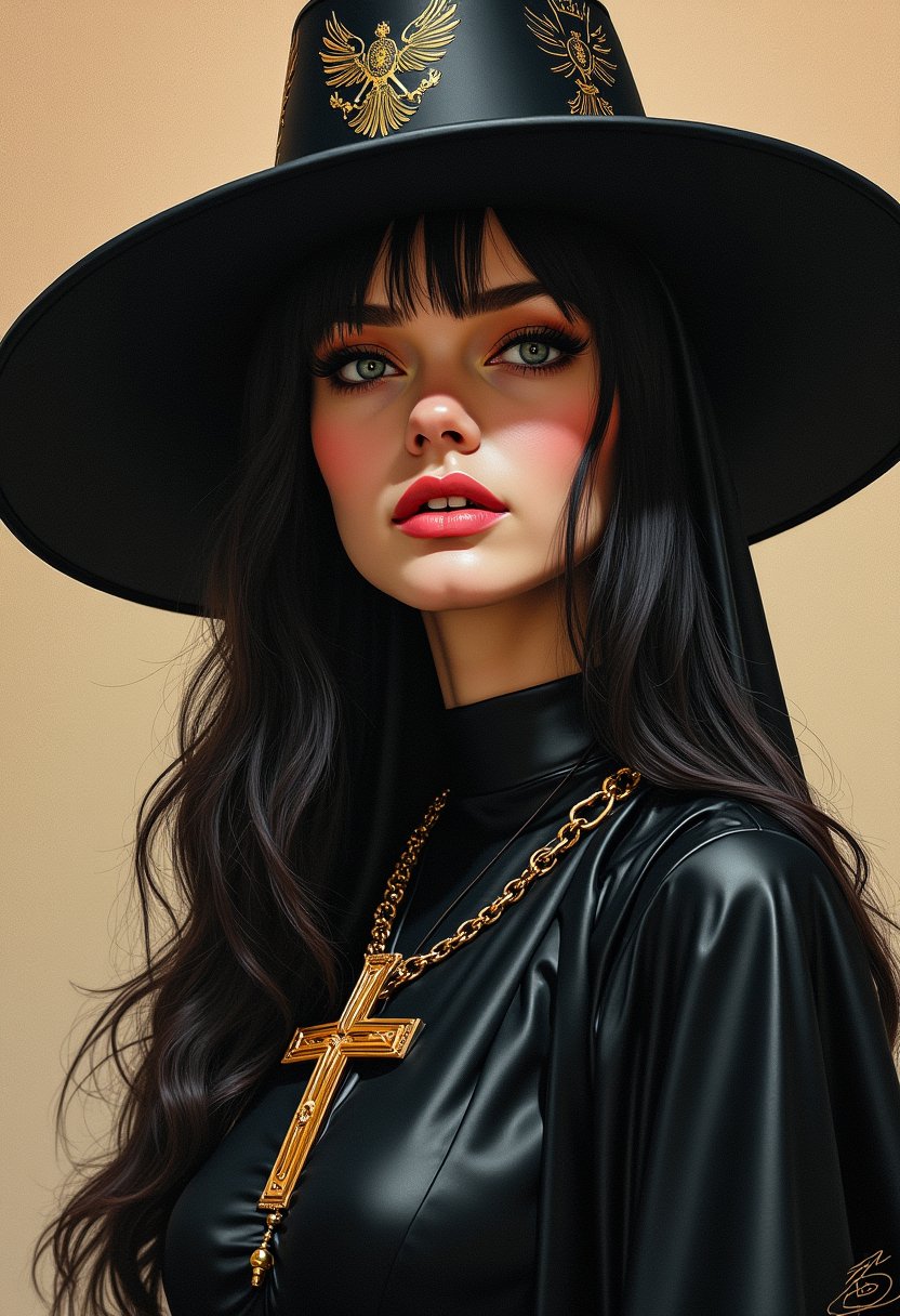 painting, futuristic cyberpunk sensual female priest wearing a hat, perfect background, cute, stunning, fine detail, intense, highly intricate, located artistic, shiny, fine polished, holy, beautiful elegant, deep rich colors