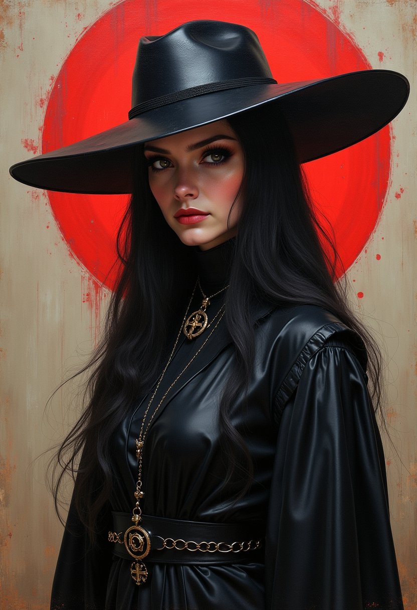 painting, futuristic cyberpunk sensual female priest wearing a hat, perfect background, cute, stunning, fine detail, intense, highly intricate, located artistic, shiny, fine polished, holy, beautiful elegant, deep rich colors