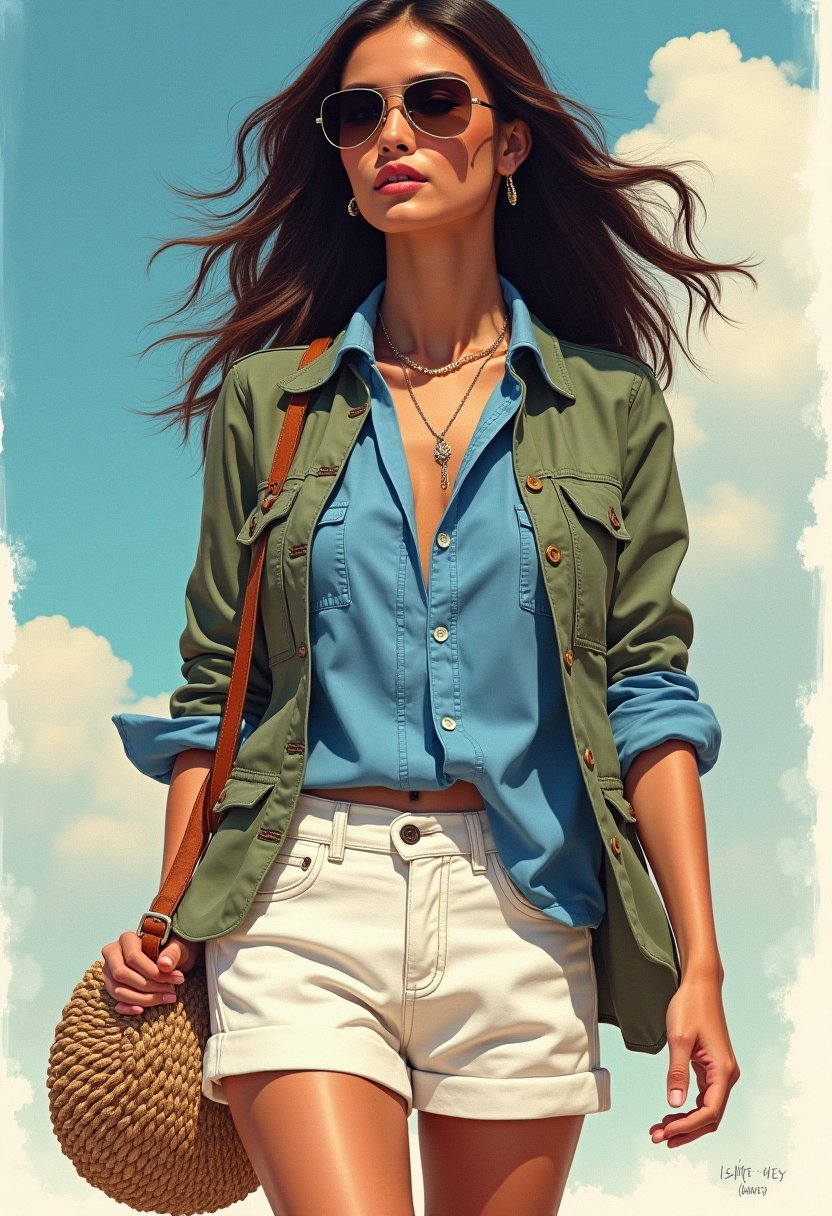 portrait, close up of a Brigitte Lin wearing Light blue chambray shirt, White linen shorts, Tan espadrilles, Woven straw bag, aviator sunglasses, and Khaki utility jacket (if it gets chilly), Detailed illustration, dramatic lighting, by Mark Keathley, perfect composition, fine detail, colorful, intricate artistic color, intricate, rich vivid colors, very coherent, creative, quality, luxury, sharp focus, fantastic aesthetic