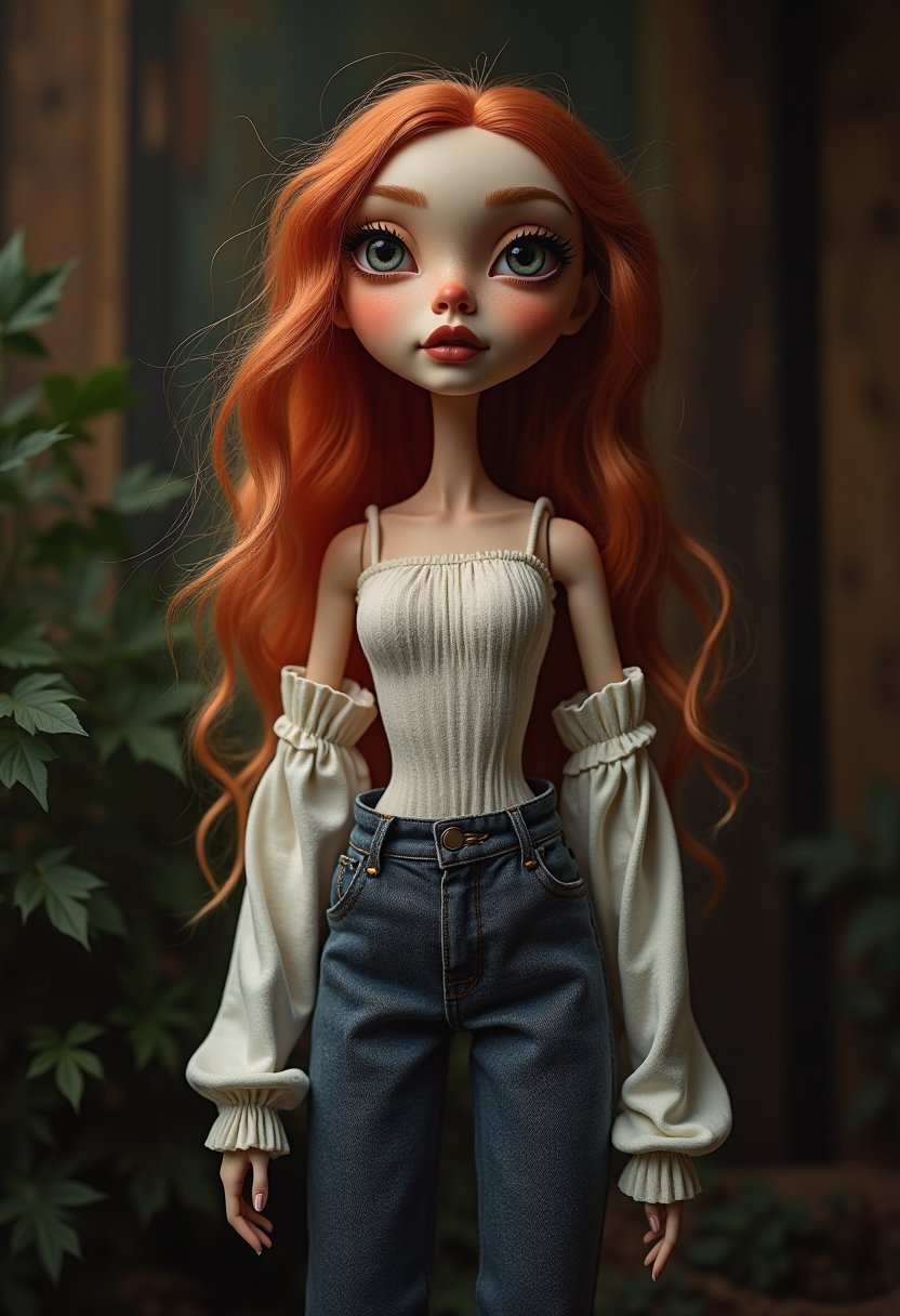 shoulder level shot, atmosphere, beautiful stocky Female doll, wearing casual clothes, whimsical, complex, beautiful, theatrical, elegant, fantastic aesthetic, perfect composition, artistic, intricate