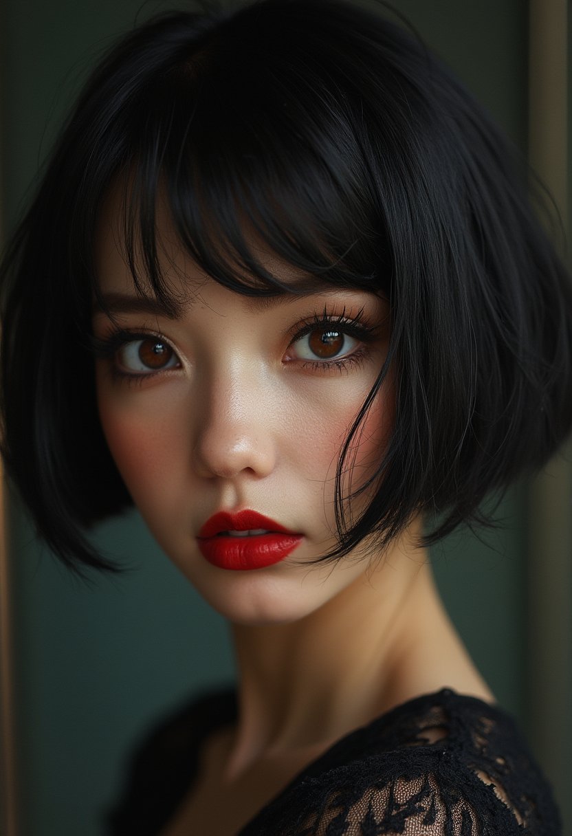 masterpiece, realistic scenery, ultra high quality, a gorgeous 23yo woman, dark red lipstick, smokey eyes make-up, brown eyes, black short bob hair style, extreme close-up face view, hyperrealism,