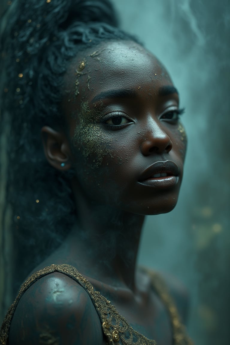 Whispers of the Abyss: A mystical portrait of Akua, shrouded in misty veils, as if conjured from the depths of the ocean. Soft focus envelops her ethereal visage, highlighting the intricate patterns on her skin like delicate filigree. Romanesque arches frame her face, where gentle shadows dance with soft, golden light, imbuing the image with an otherworldly essence. Her eyes gleam like moonlit pearls, as if holding secrets of the abyss.