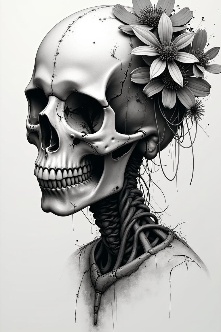 dead iron skull of a robot girl with dried flowers, black and white image, skull damaged, Chicano tattoo style