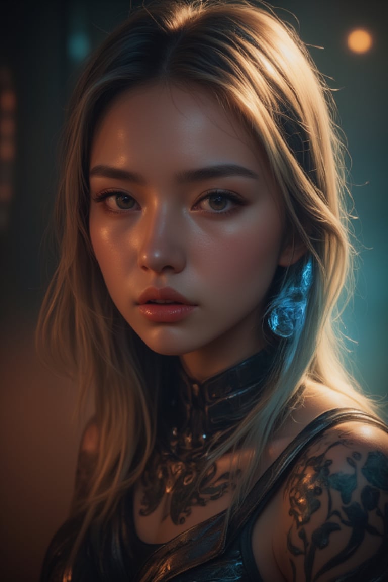 (masterpiece:1.2, best quality:1.2, beautiful, high quality, highres:1.1, aesthetic), detailed, extremely detailed, ambient soft lighting, 4K, perfect eyes, perfect face, tattoo,perfect lighting, woman sweat skin ,natural skin,platinum hair, glowing, glowing eyes,  lips, long hair
